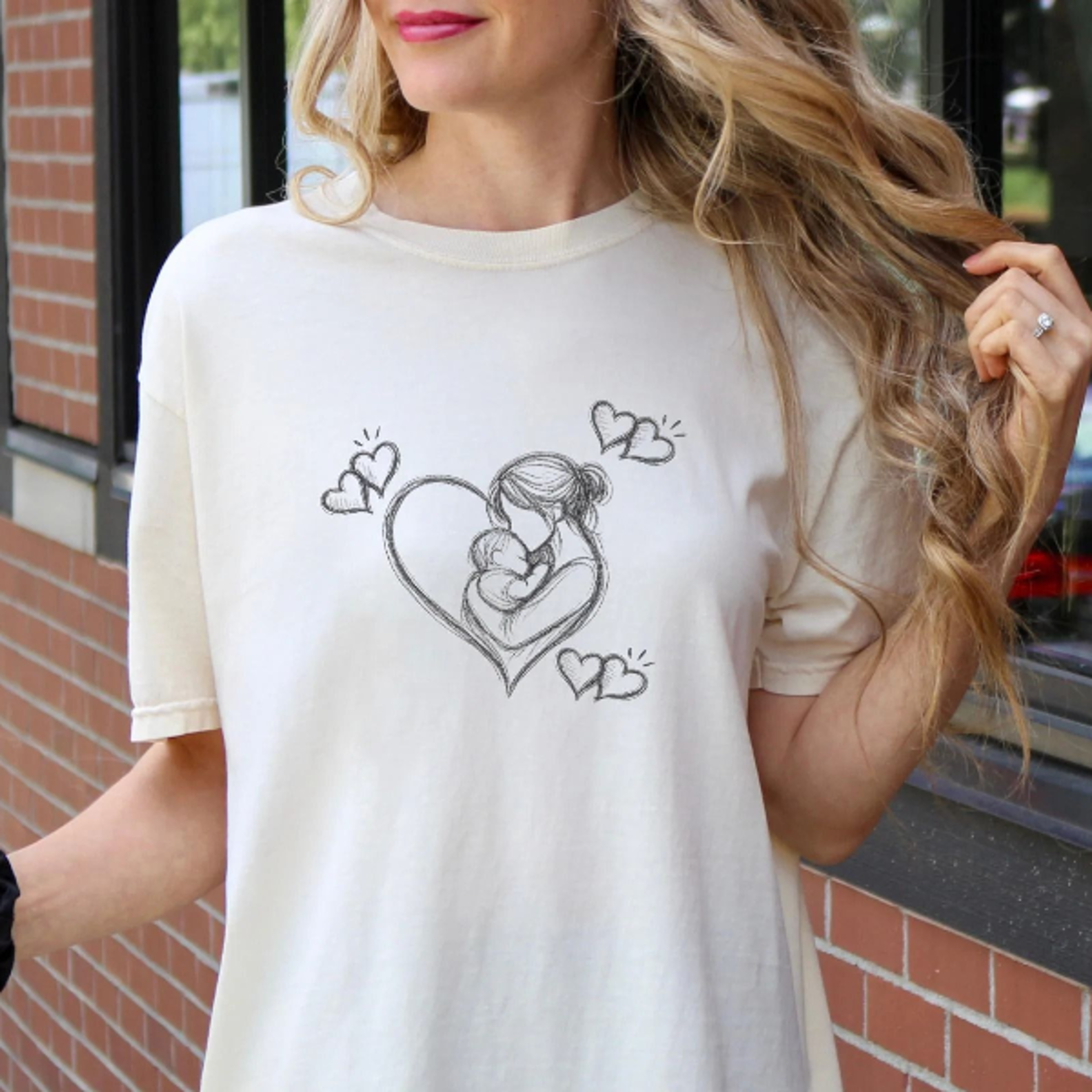 penciled mom holding baby heart sketch t-shirt | mother and baby line art