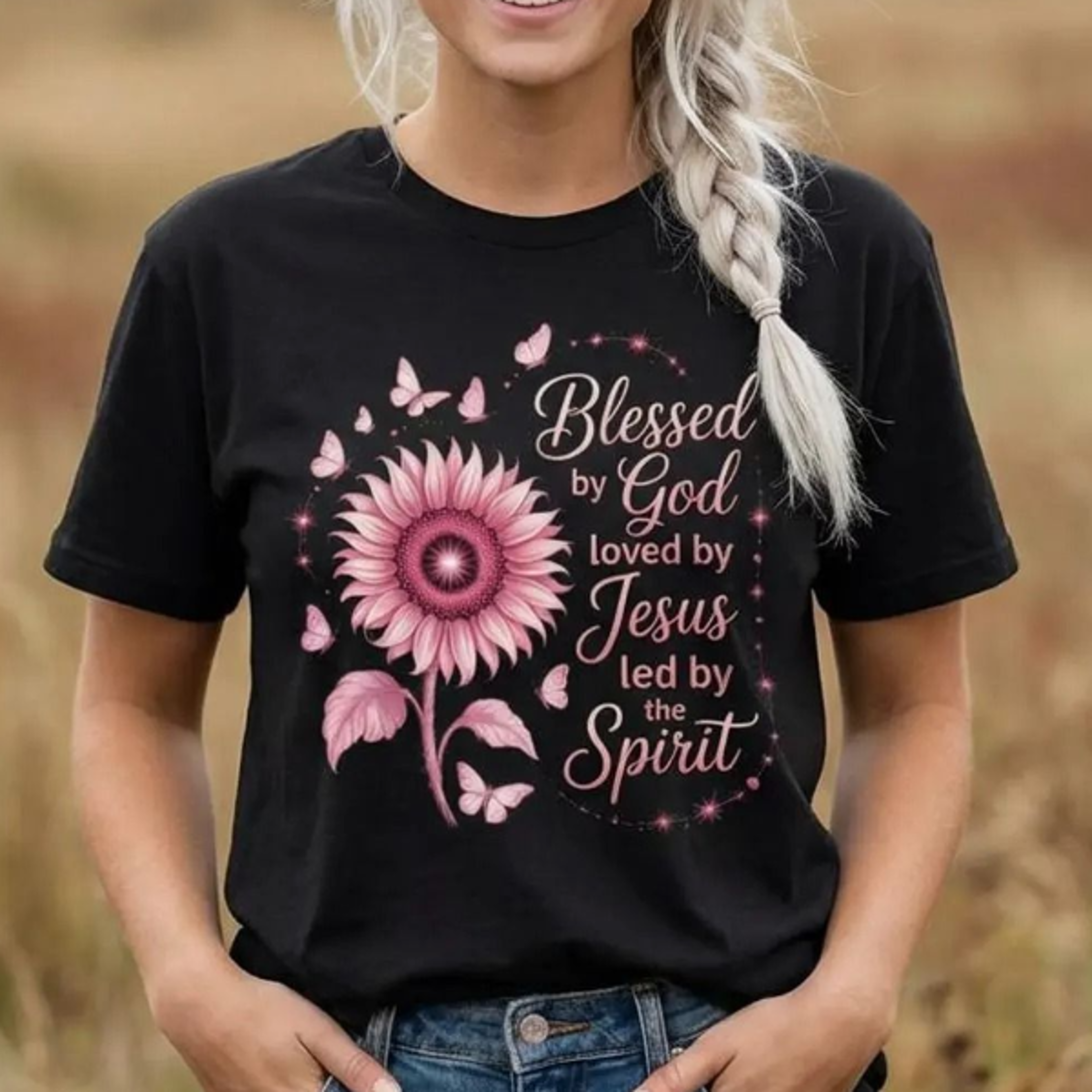 faith t-shirt | blessed by god, loved jesus, led spirit, floral butterflie