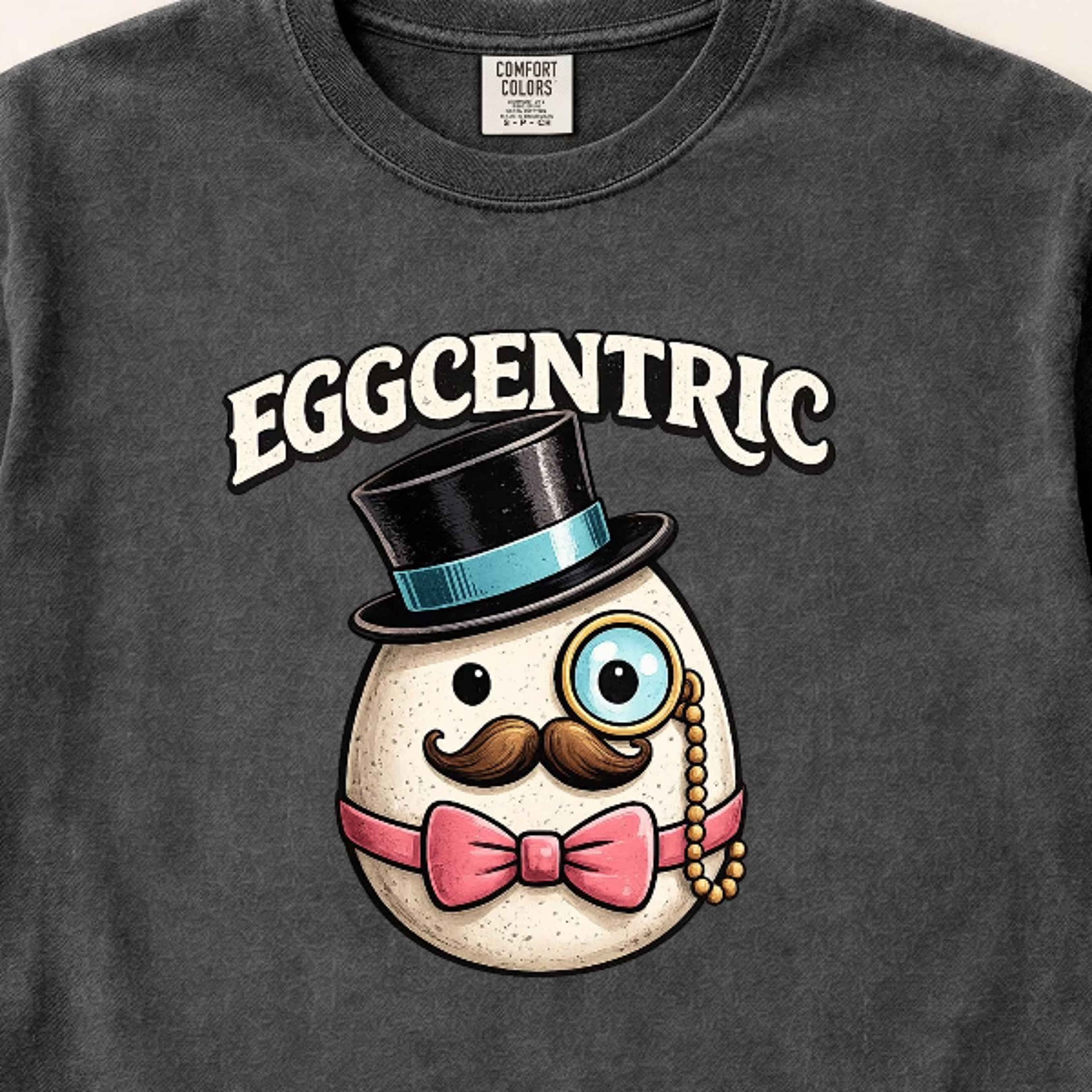 eggcentric top hat monocle bow tie egg graphic t-shirt | egg pun tee