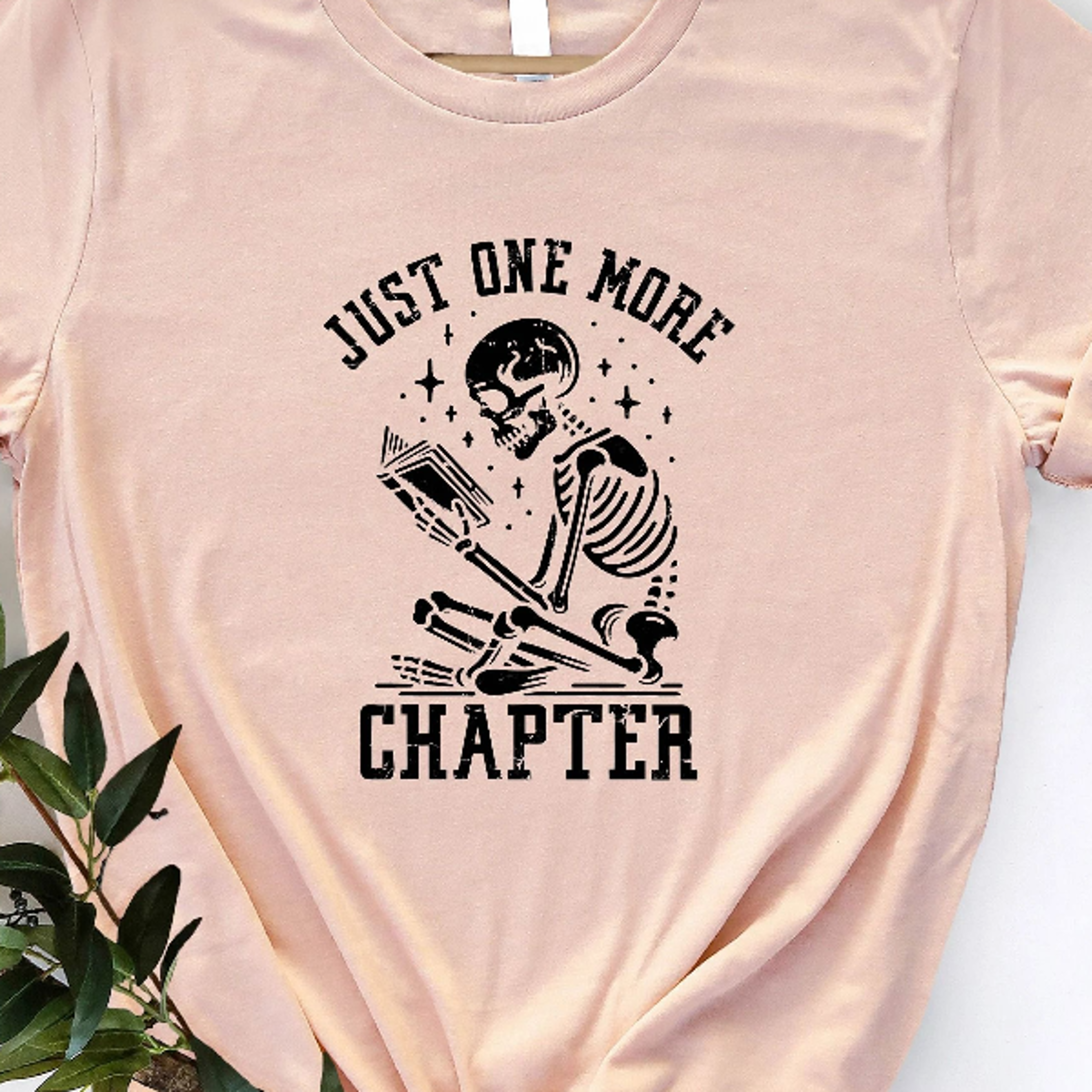 just one more chapter t-shirt bookworm skeleton reading graphic tee funny librarian reader gift