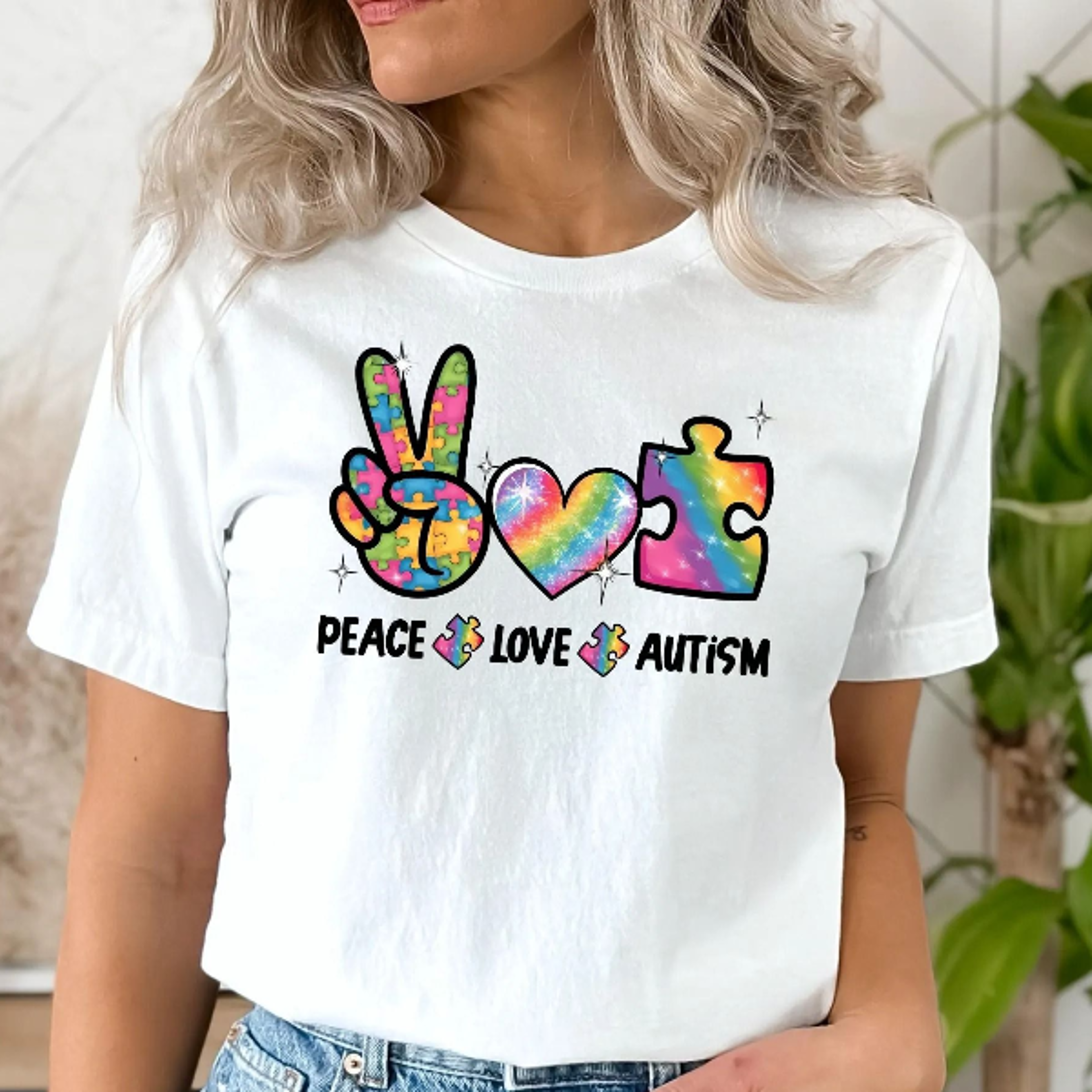 peace love autism shirt, retro neurodiversity support tee, colorful puzzle piece graphic, autism awareness month gift, l
