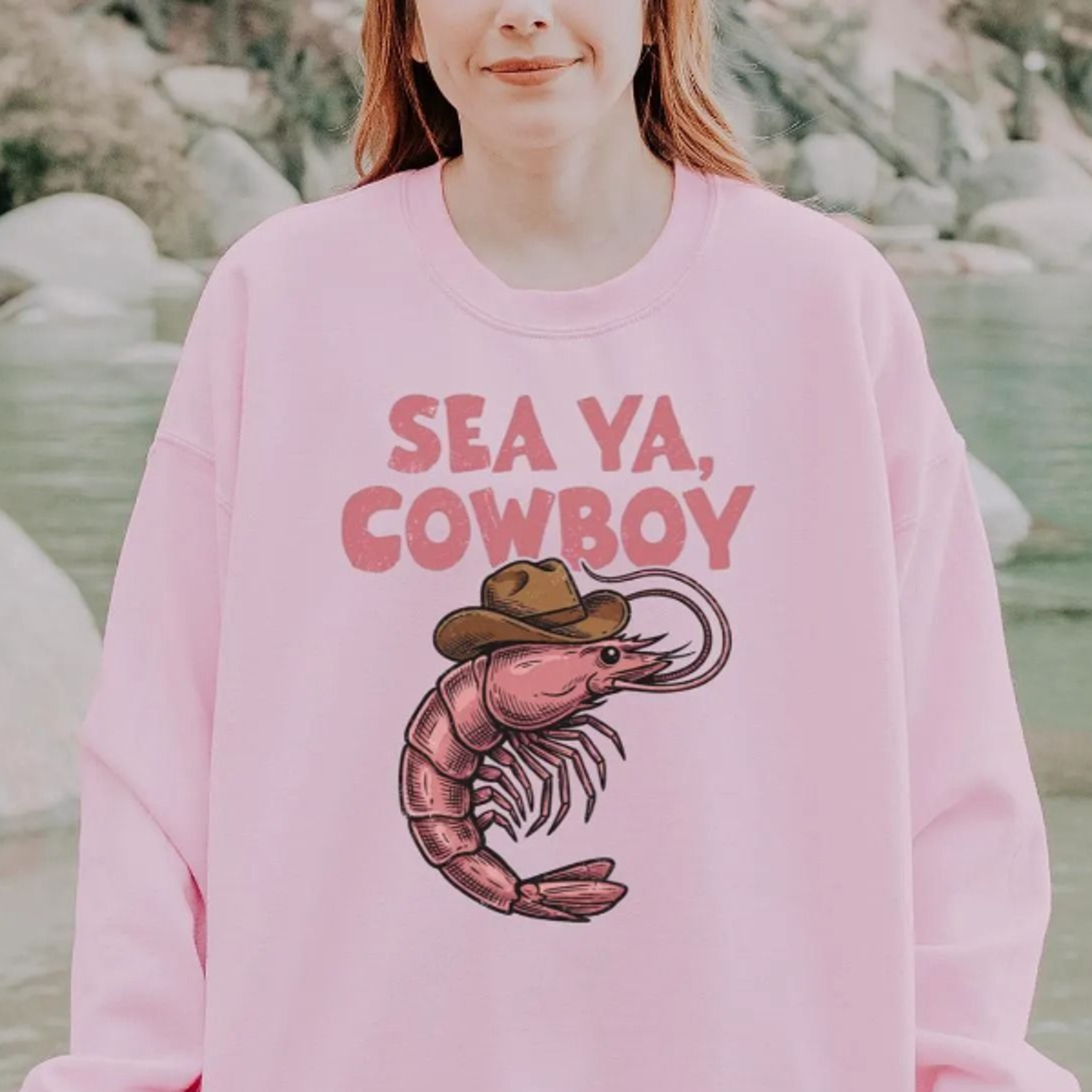 sea ya cowboy shrimp sweatshirt, funny retro western beach vibes summer sweater, trending amalfi coast trip, tomato girl