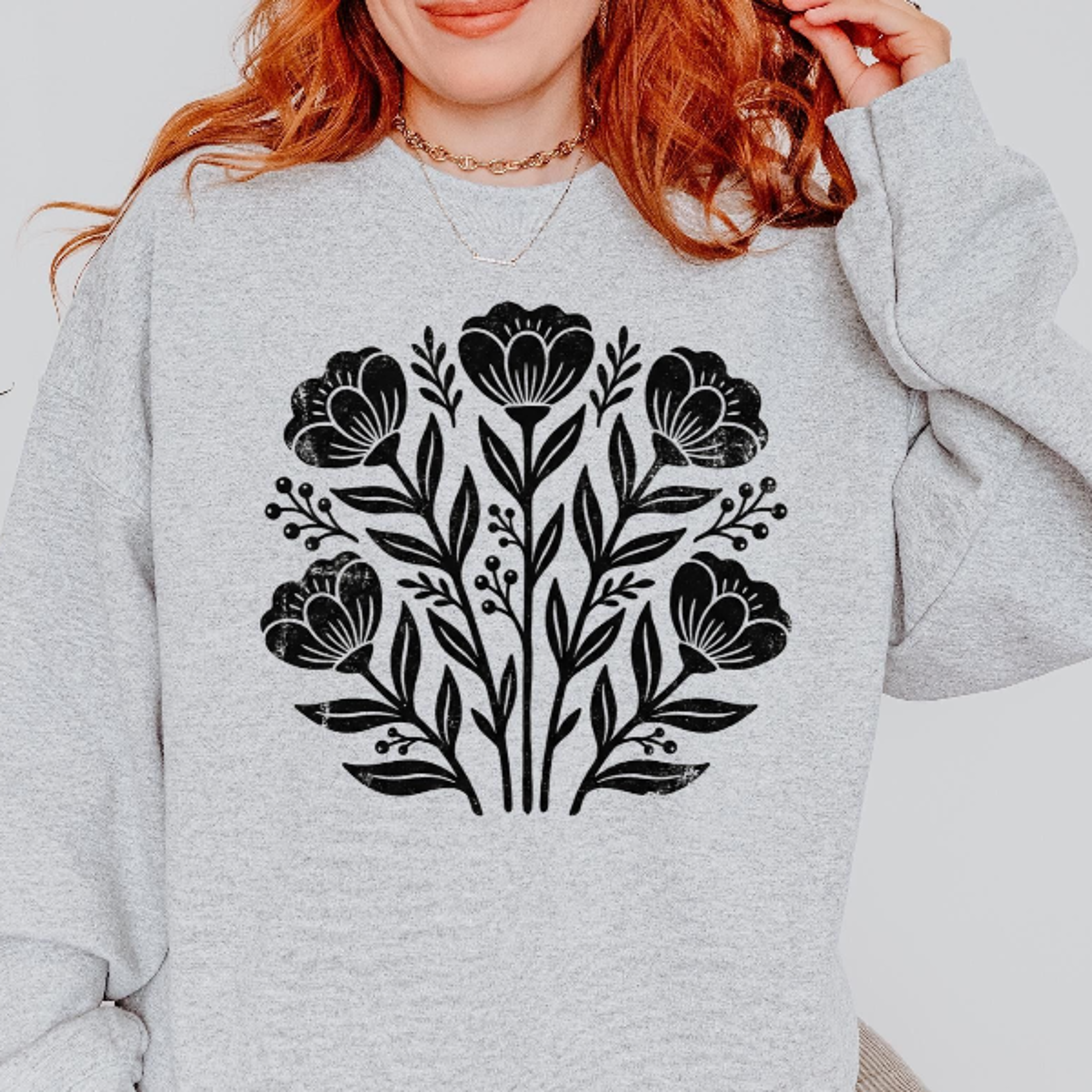 retro linocut folk art sweatshirt, cottagecore floral graphic sweater, vintage botanical flowers crewneck, boho style ga