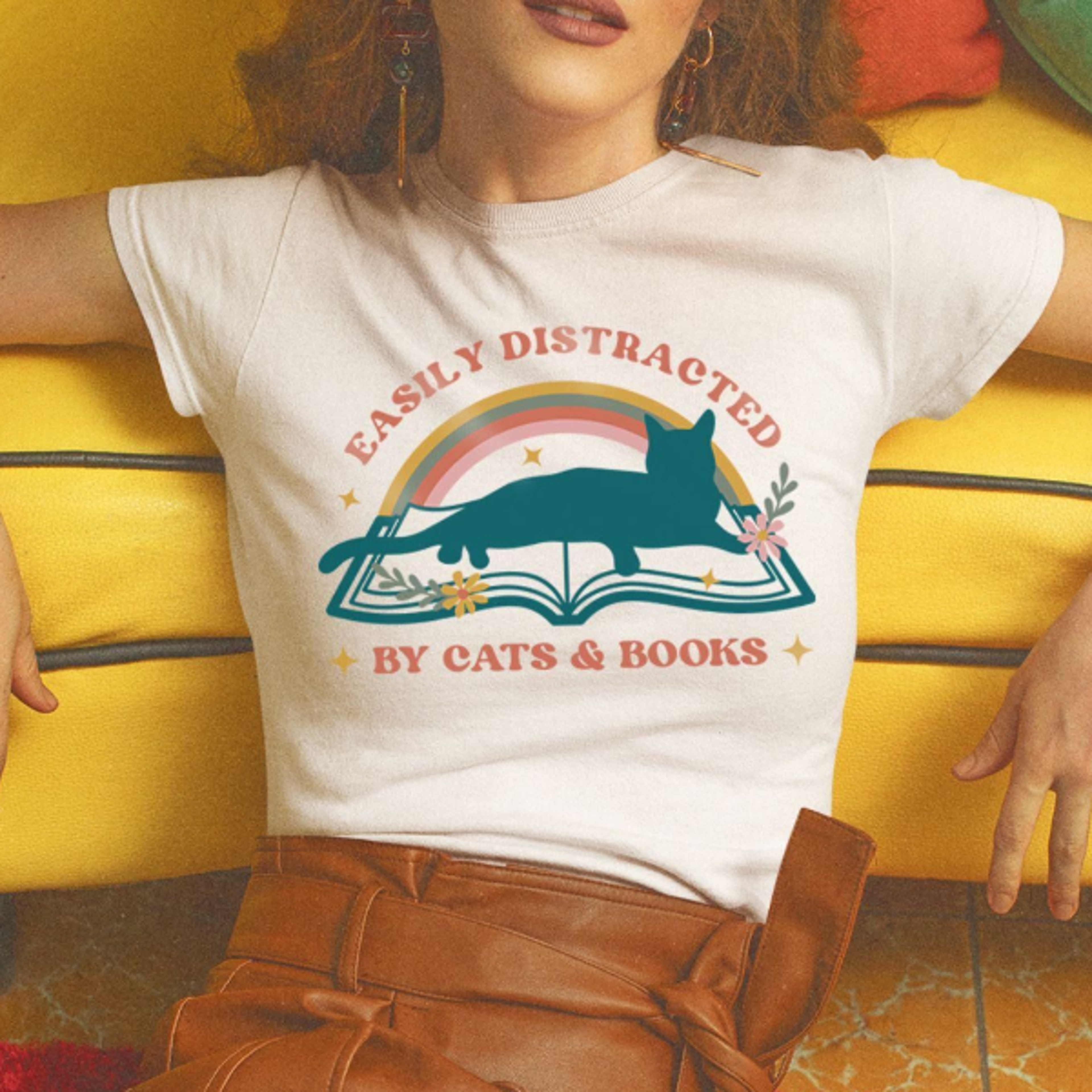 easily distracted by cats and books shirt, cat lover tee, cat lover gift, book lover gift, funny cat tee, cat mom shirt,