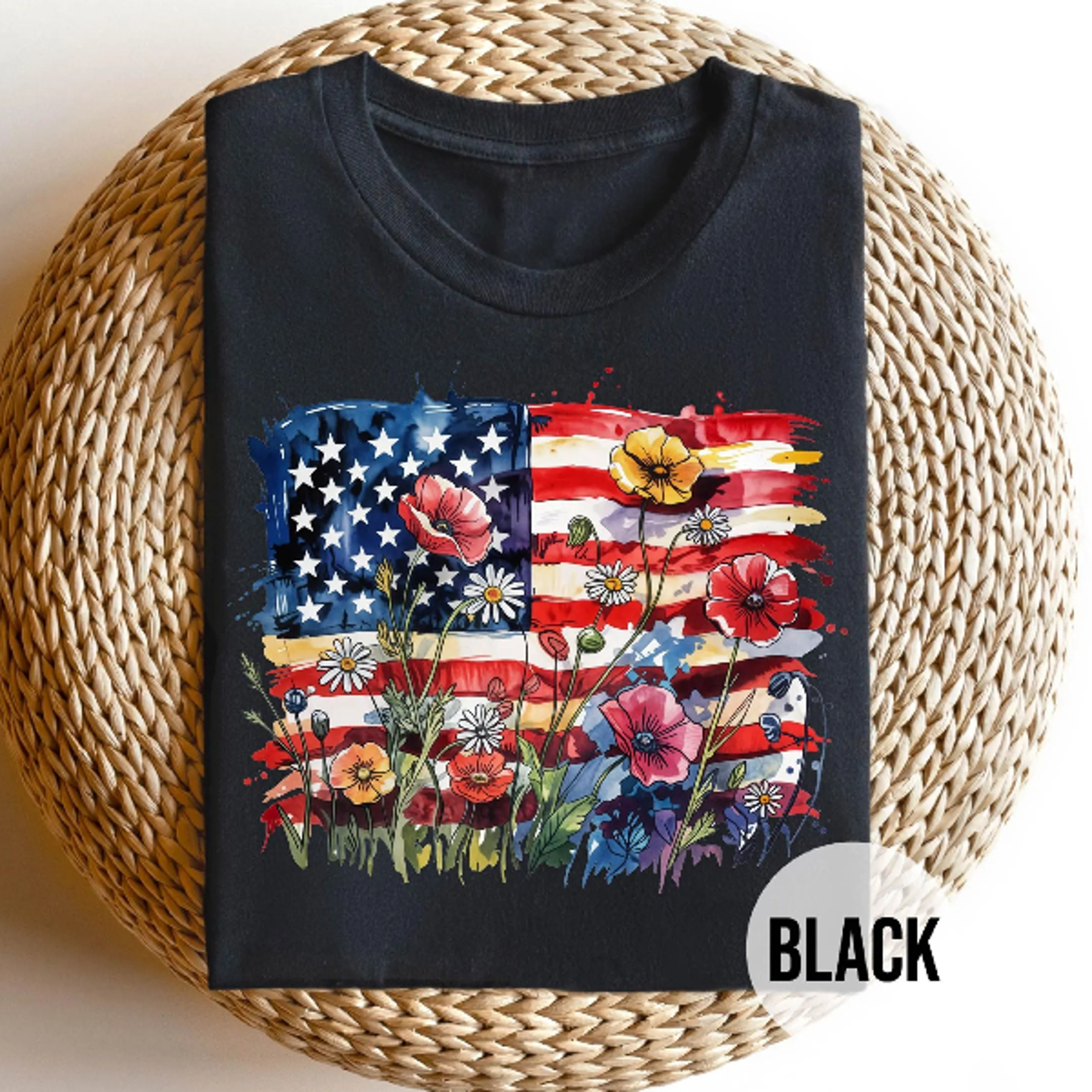 watercolor wildflower american flag shirt boho patriotic graphic tee 4th of july floral t-shirt