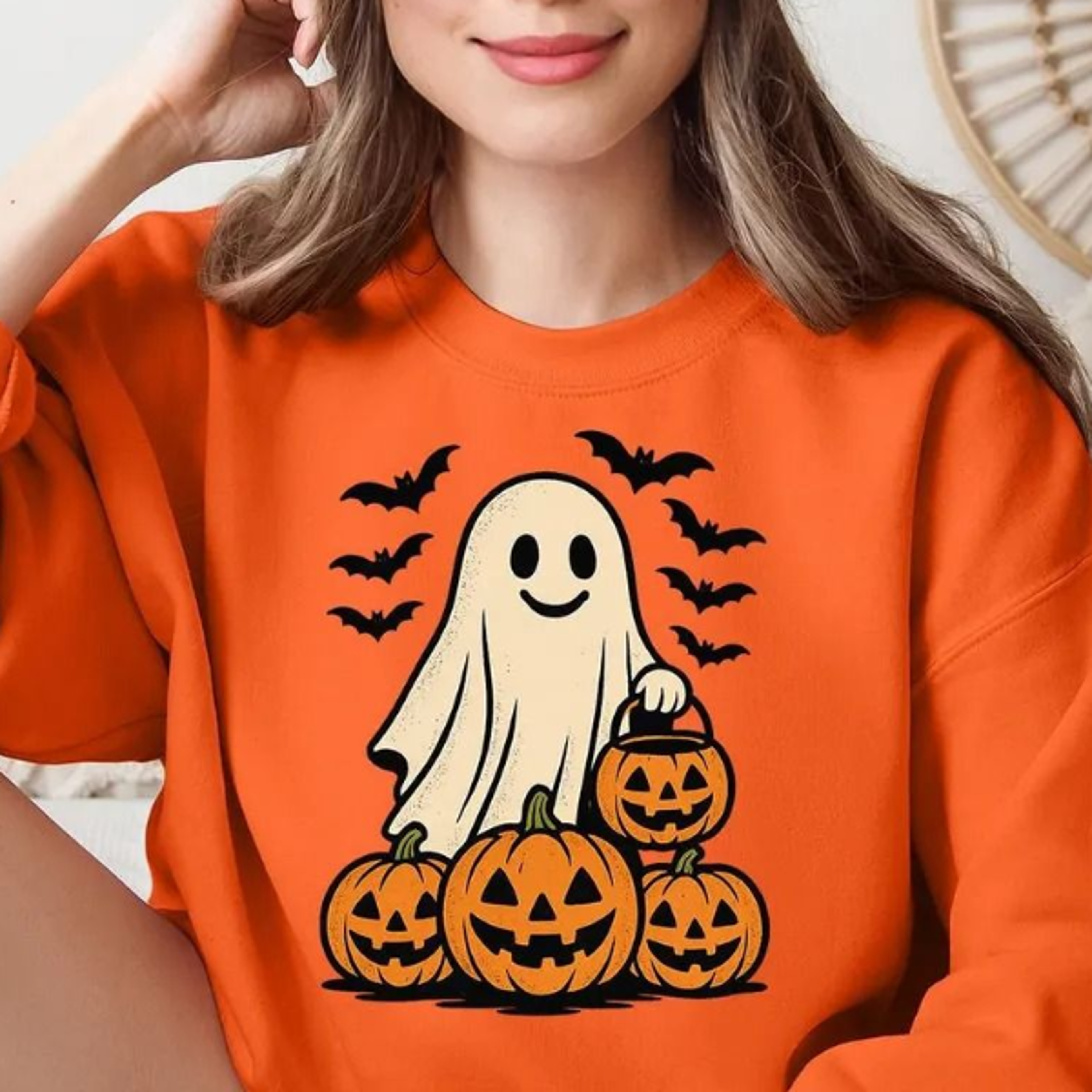 ghost halloween sweatshirt, women's pumpkin ghost sweater, spooky fall jumper, cute halloween party top, cozy autumn pum