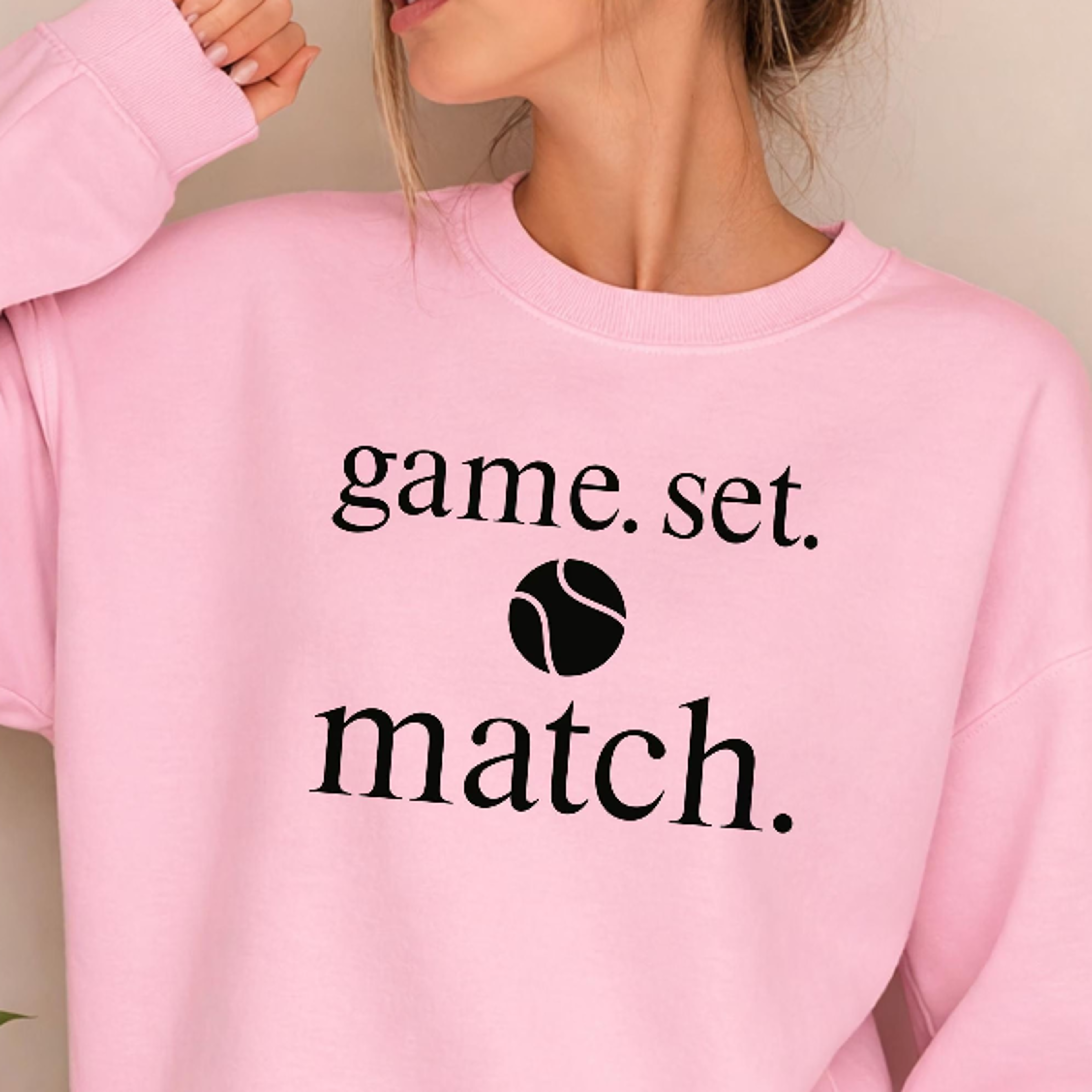 game set match printed sweatshirt, minimalist tennis crewneck sweatshirt, women sportswear sweater, trendy aesthetic pul