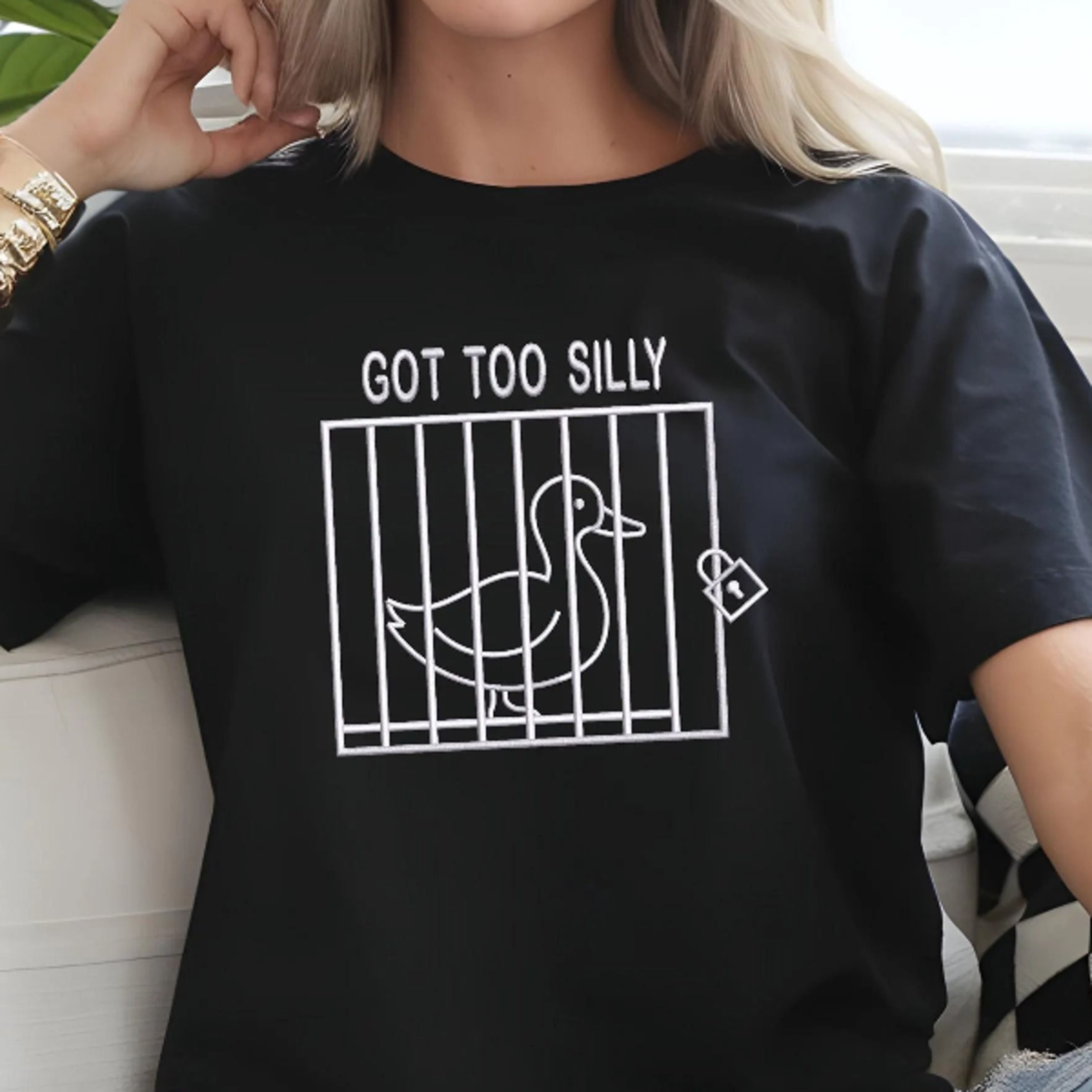 silly goose embroidered shirt, funny got too silly embroidered tee, goose crewneck top, meme animal graphic, humour gift