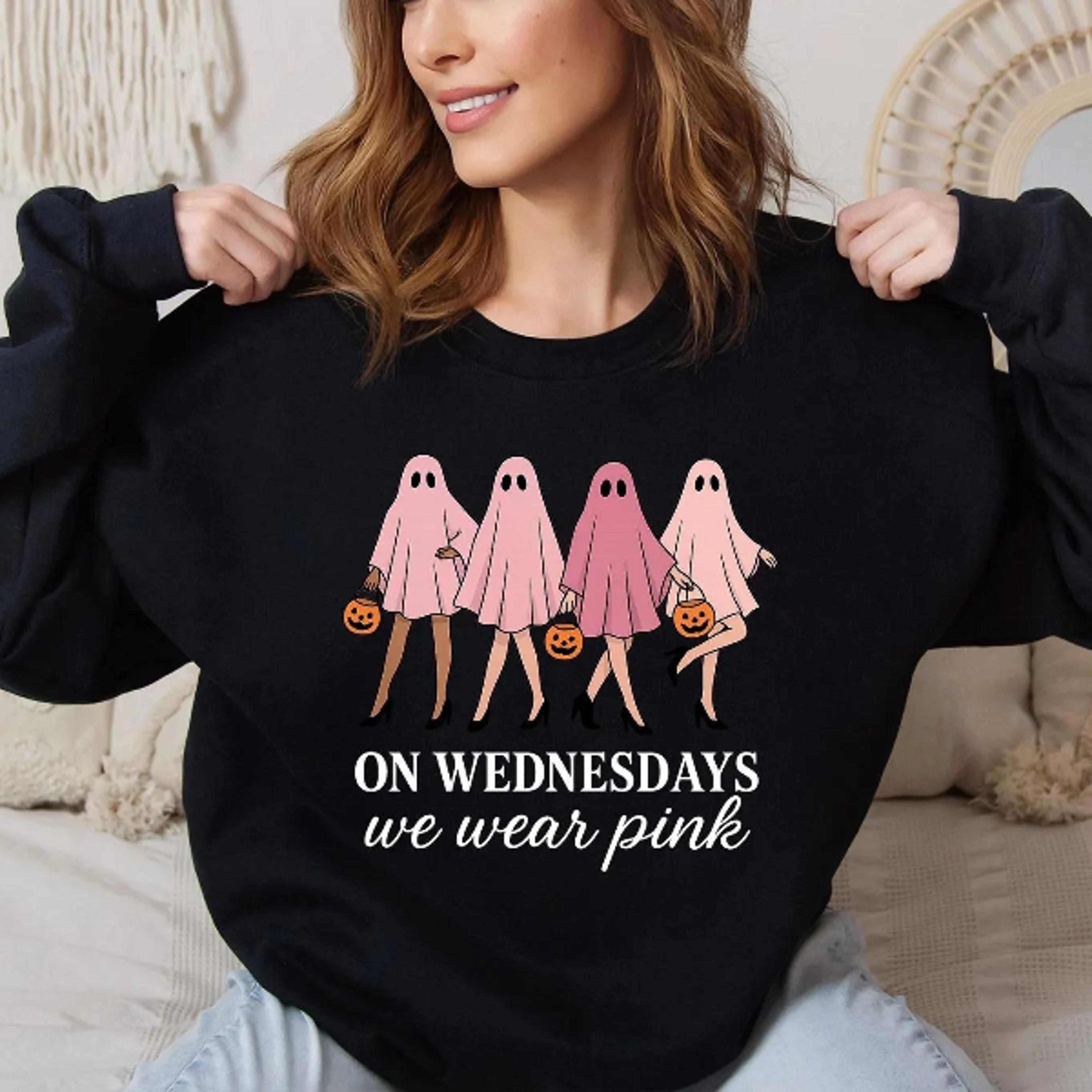 on wednesday we wear pink ghost sweatshirt, mean girls spooky season sweater, cute fall halloween ghost crewneck top, wo