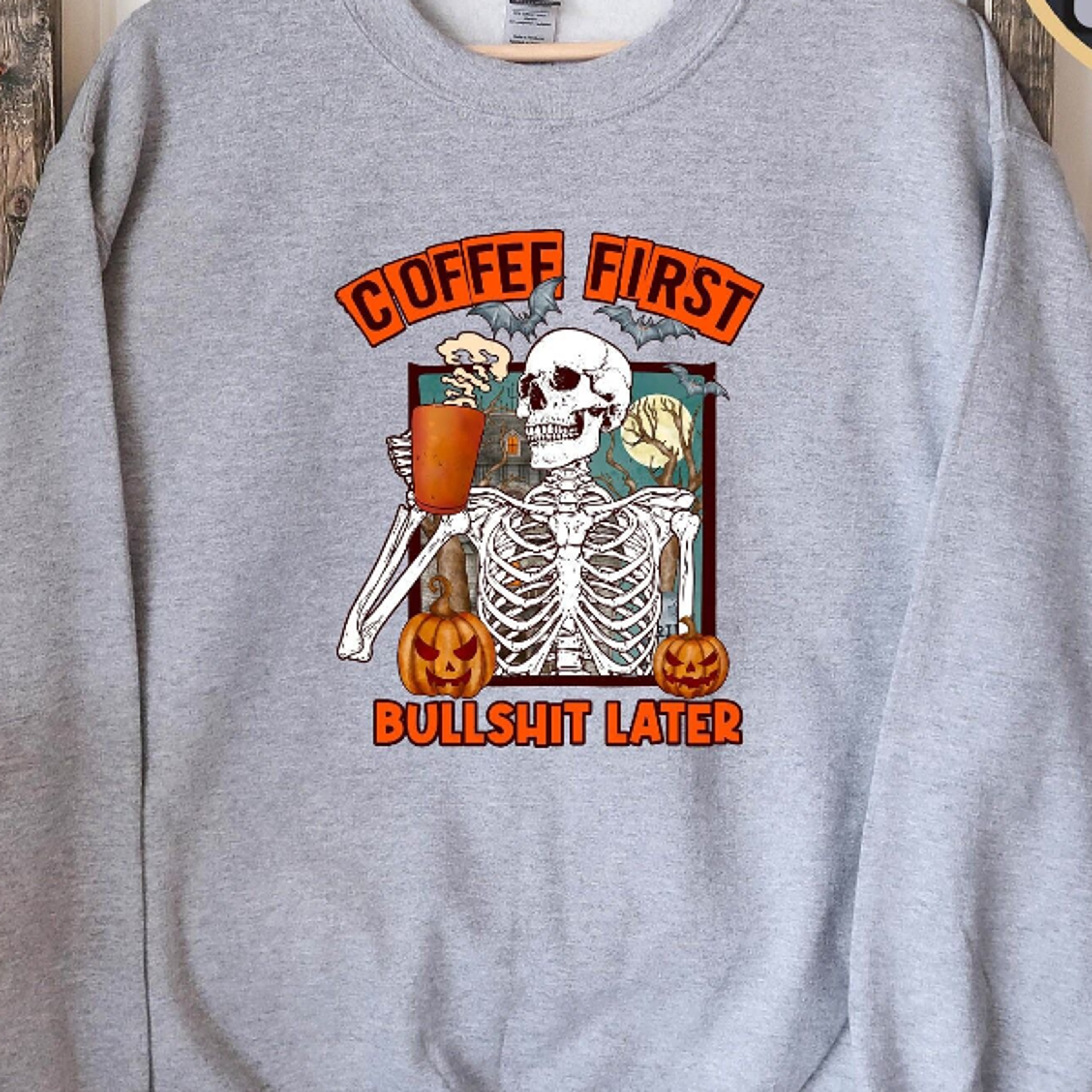 coffee first skeleton halloween sweatshirt funny spooky coffee lover crewneck cozy fall graphic gift