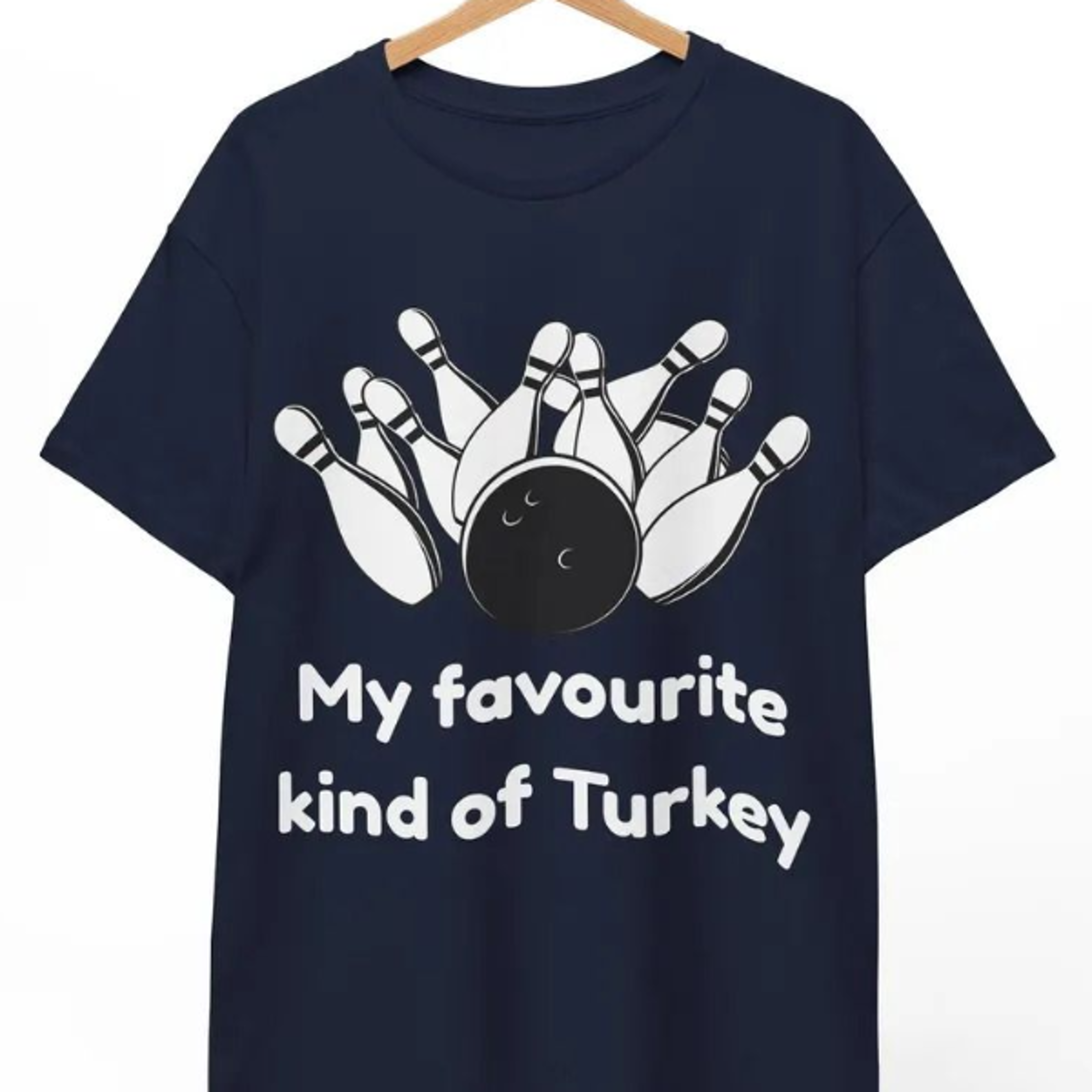 funny bowling t-shirt, "my favorite kind of turkey" pun shirt