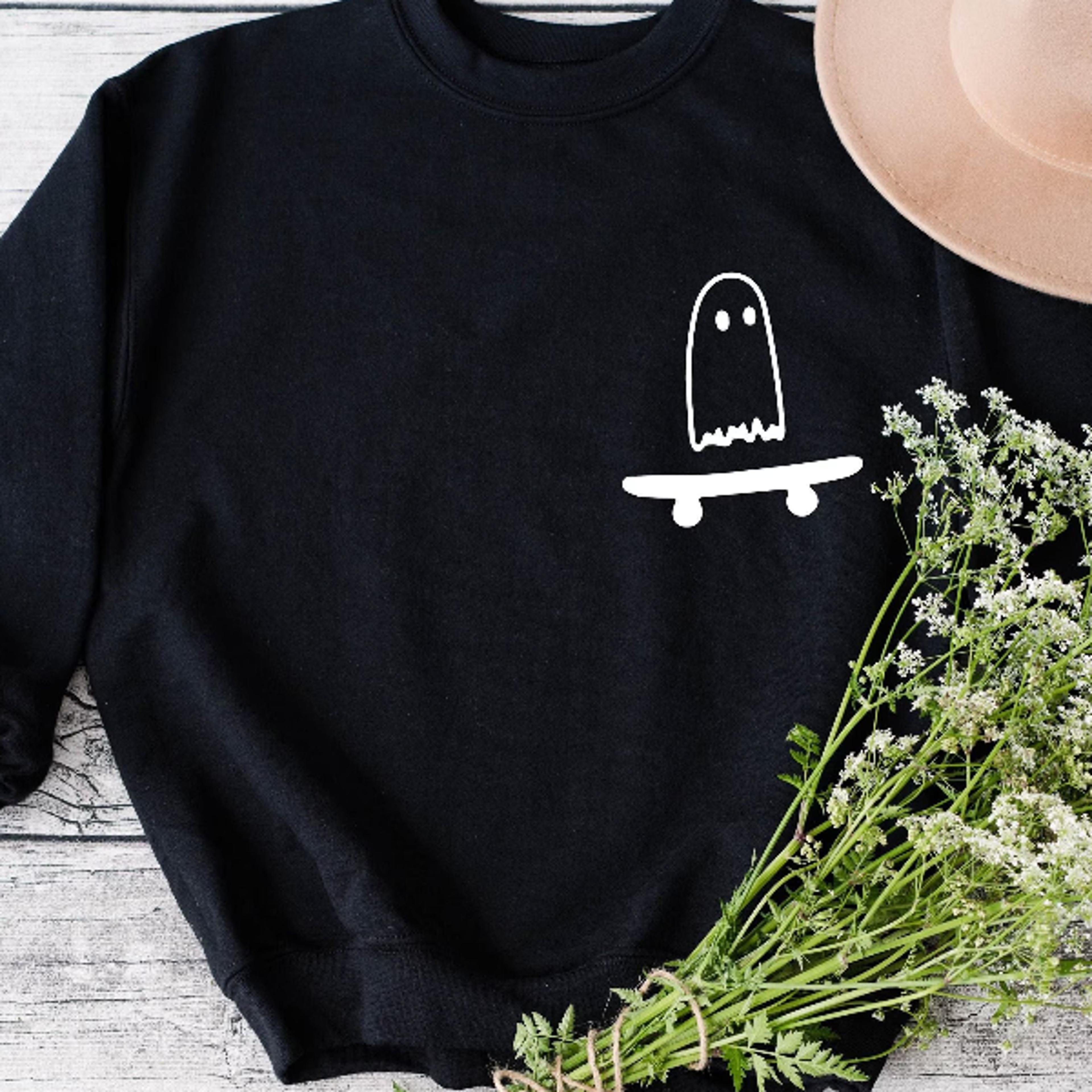 ghost skateboarder sweatshirt halloween pocket sweatshirt funny spooky skater crewneck