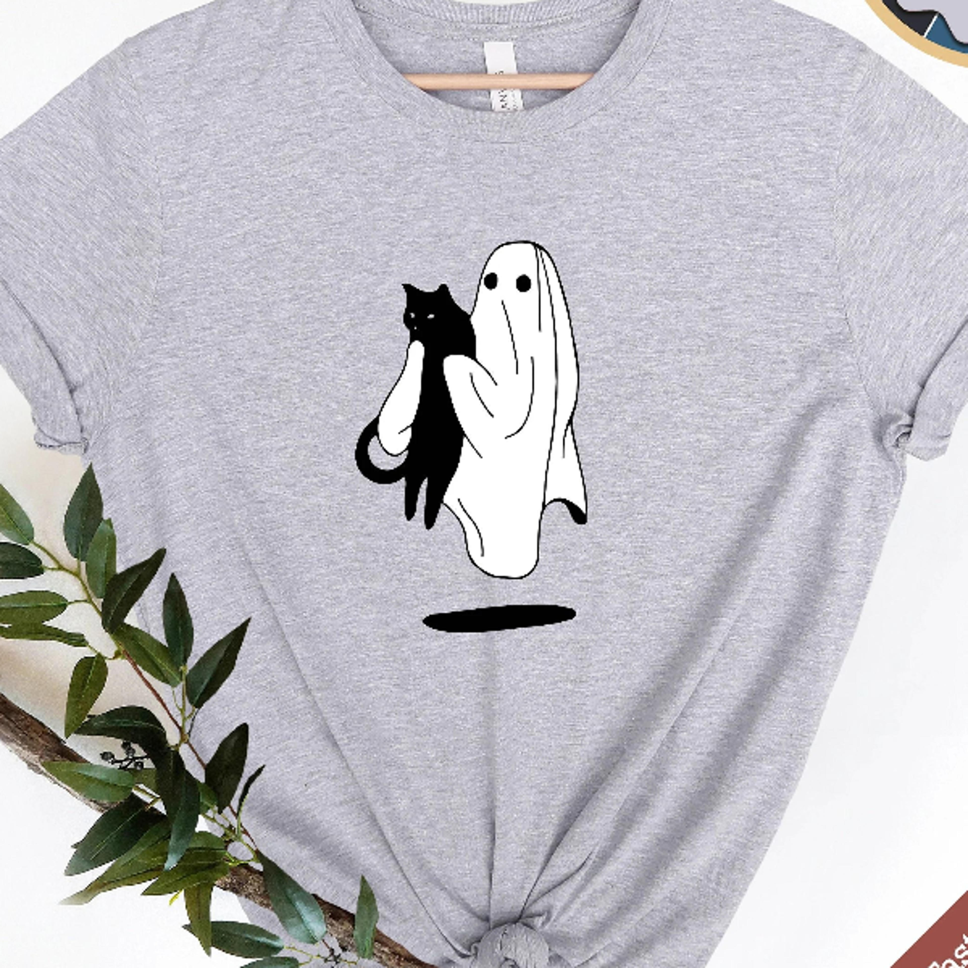 ghost and black cat halloween shirt spooky graphic tee cute fall ghost t-shirt