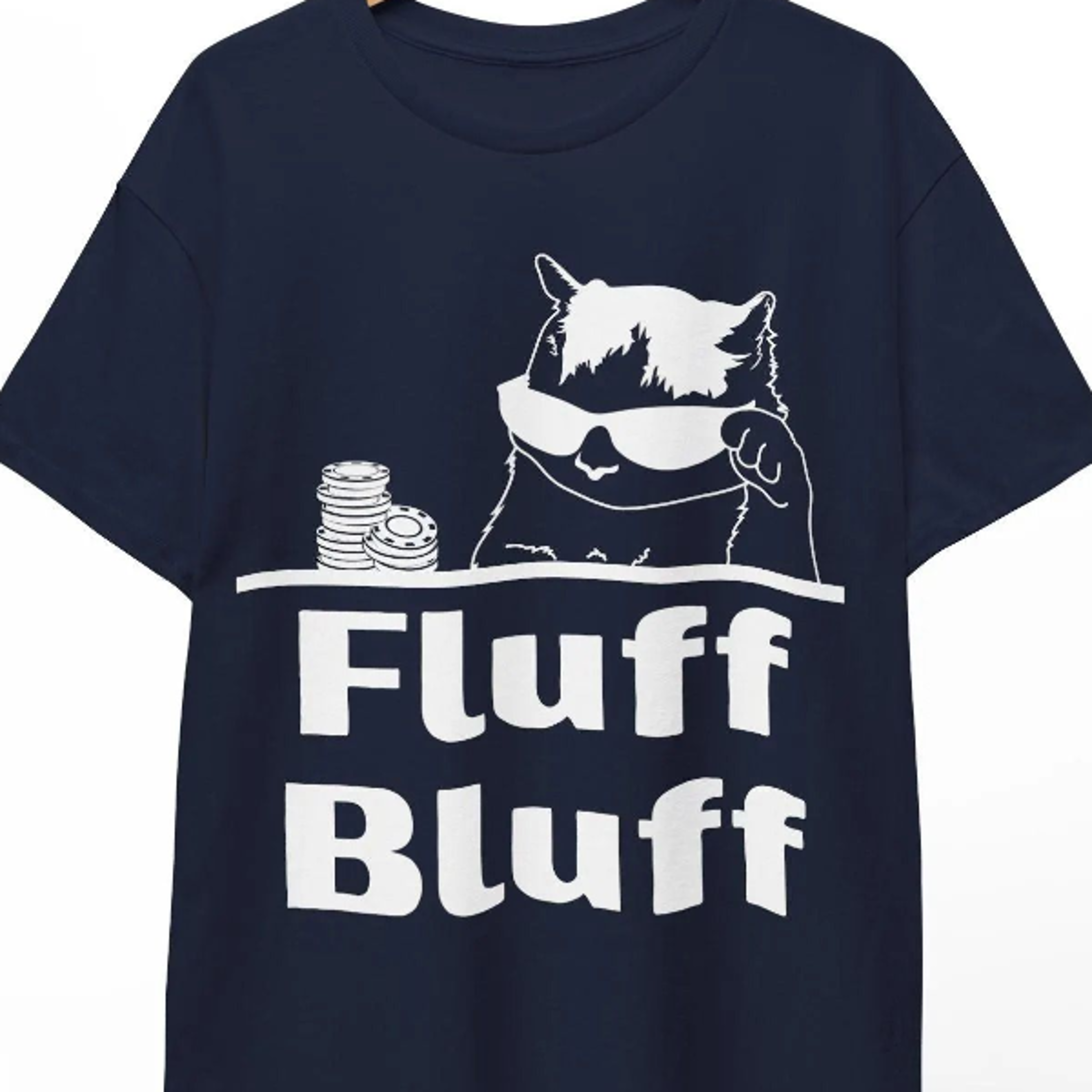 funny cat poker t-shirt, "fluff bluff" pun shirt