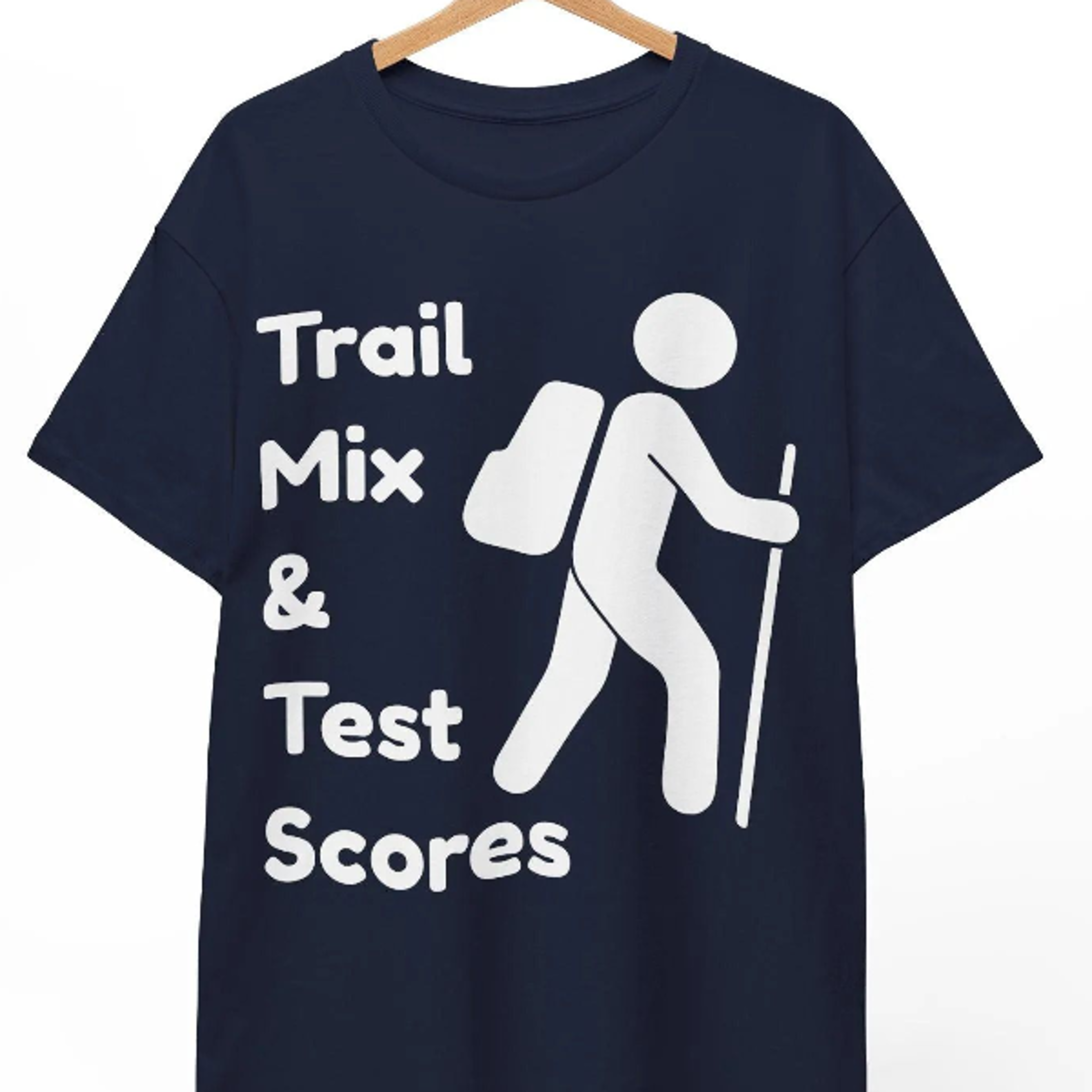 funny hiking t-shirt, "trail mix & test scores" pun tee