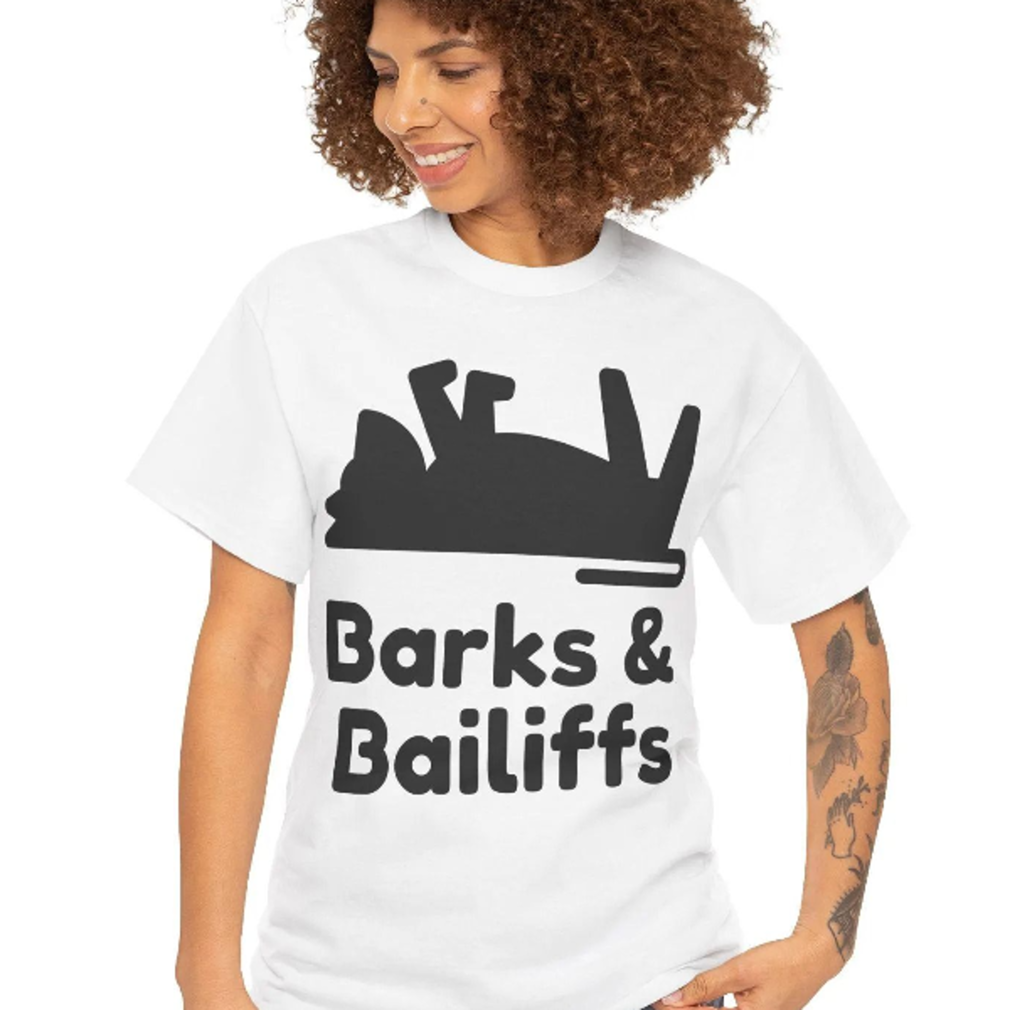 funny dog lawyer t-shirt, "barks & bailiffs" pun shirt