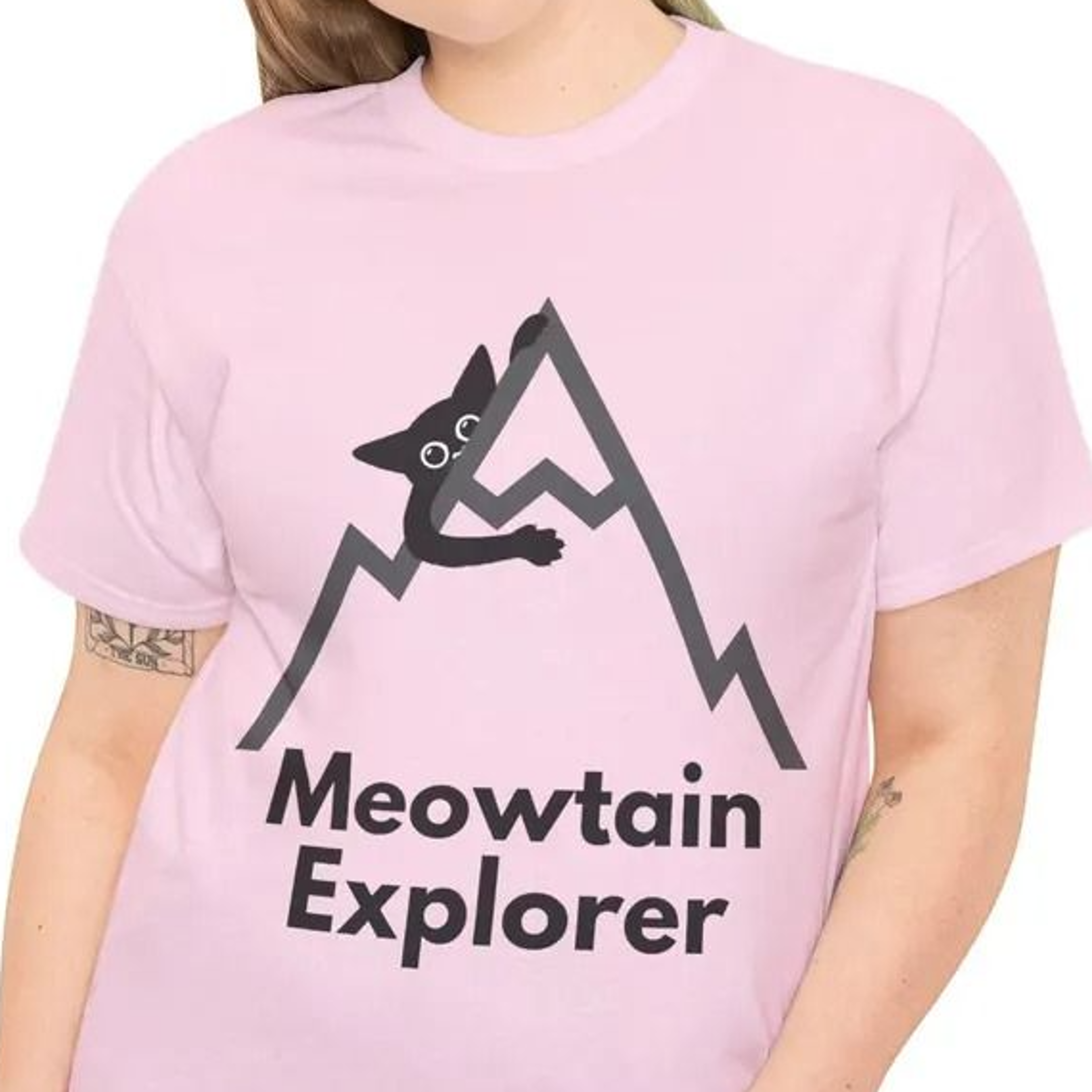 funny cat hiker t-shirt, "meowntain explorer" pun shirt