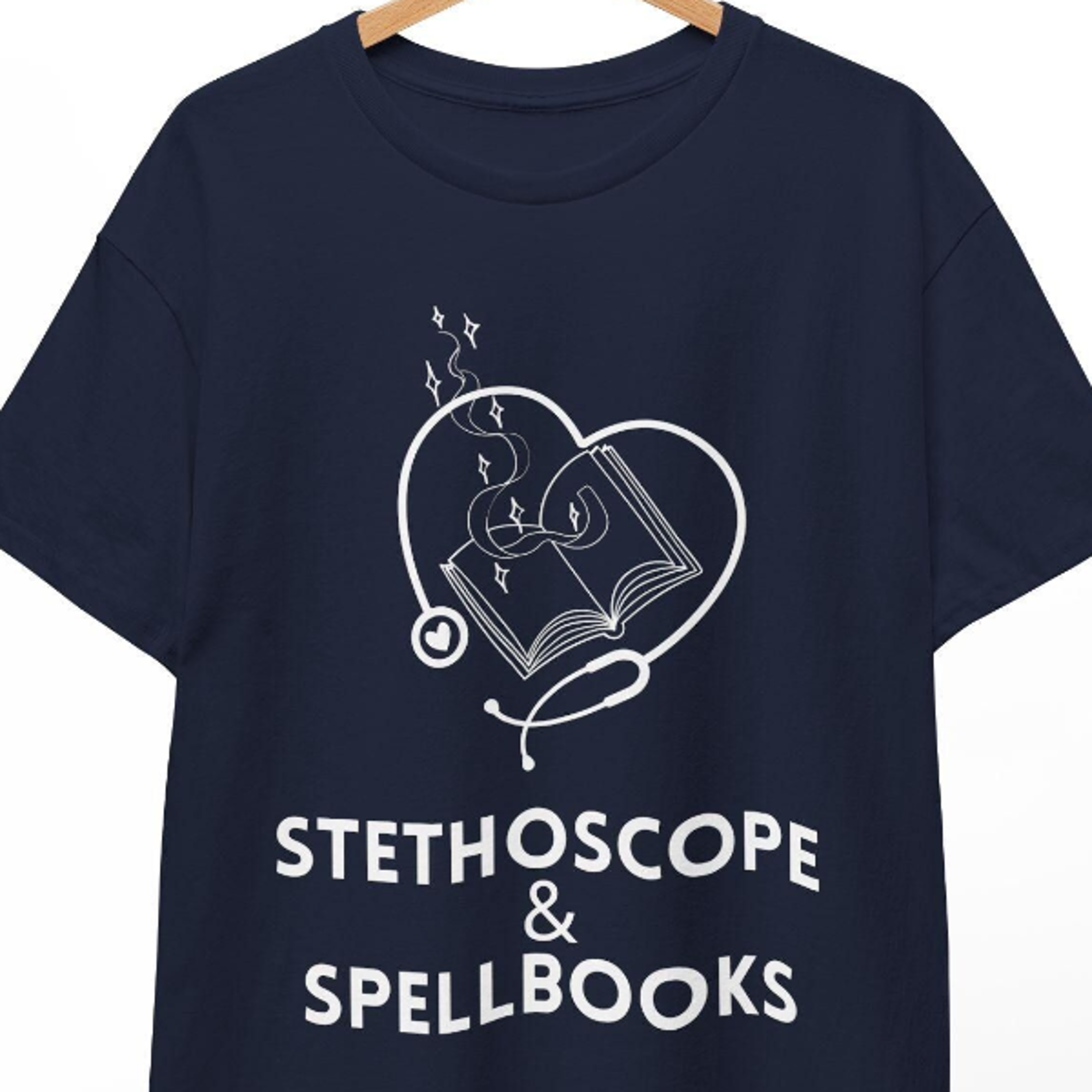 stethoscope & spellbooks t-shirt, funny medical pun gift