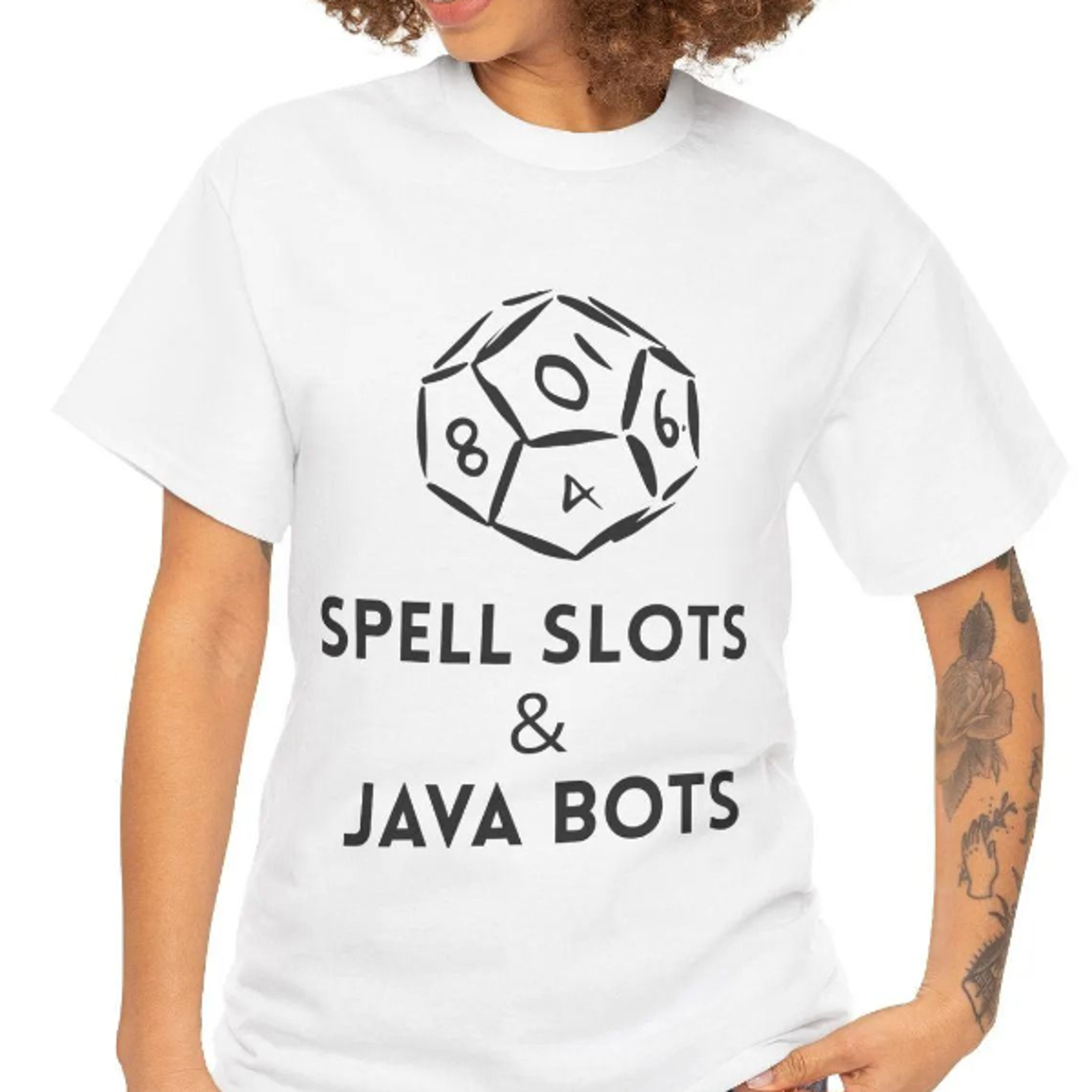 funny dnd t-shirt, gamer it pun tee, "spell slots & java bots"