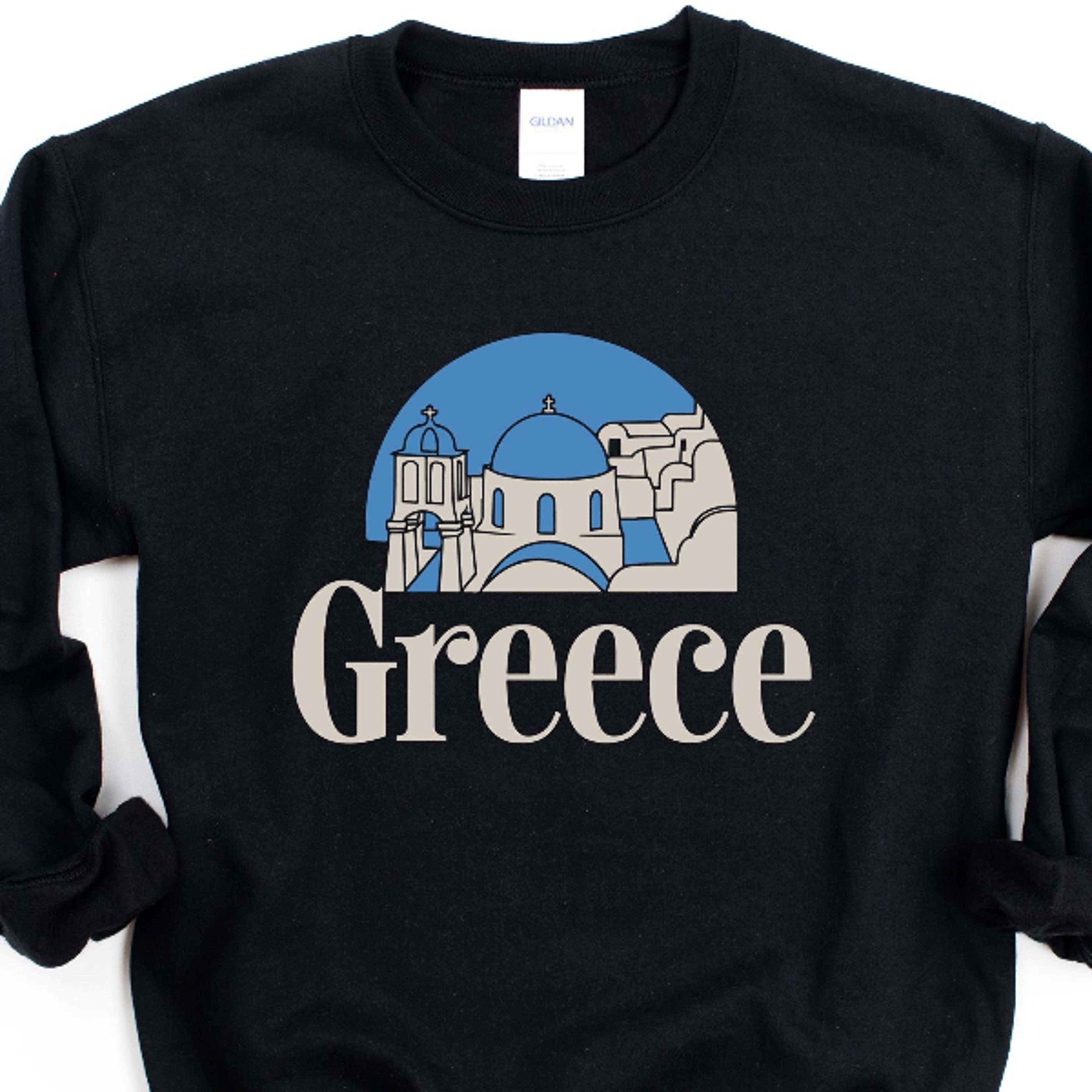 greece crewneck sweatshirt, blue and white buildings greece