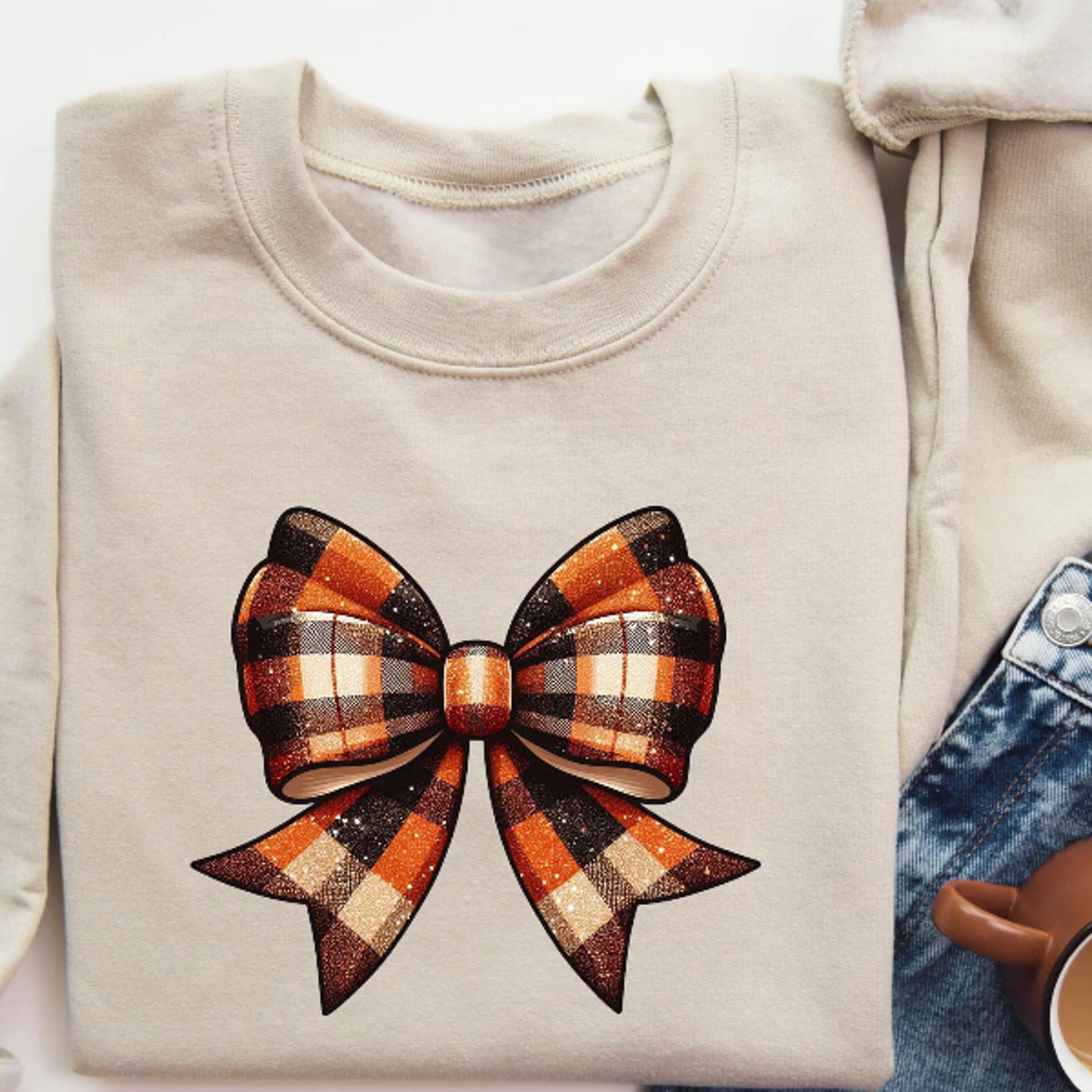 fall plaid bow sweatshirt cozy coquette sweater, cute autumn graphic crewneck