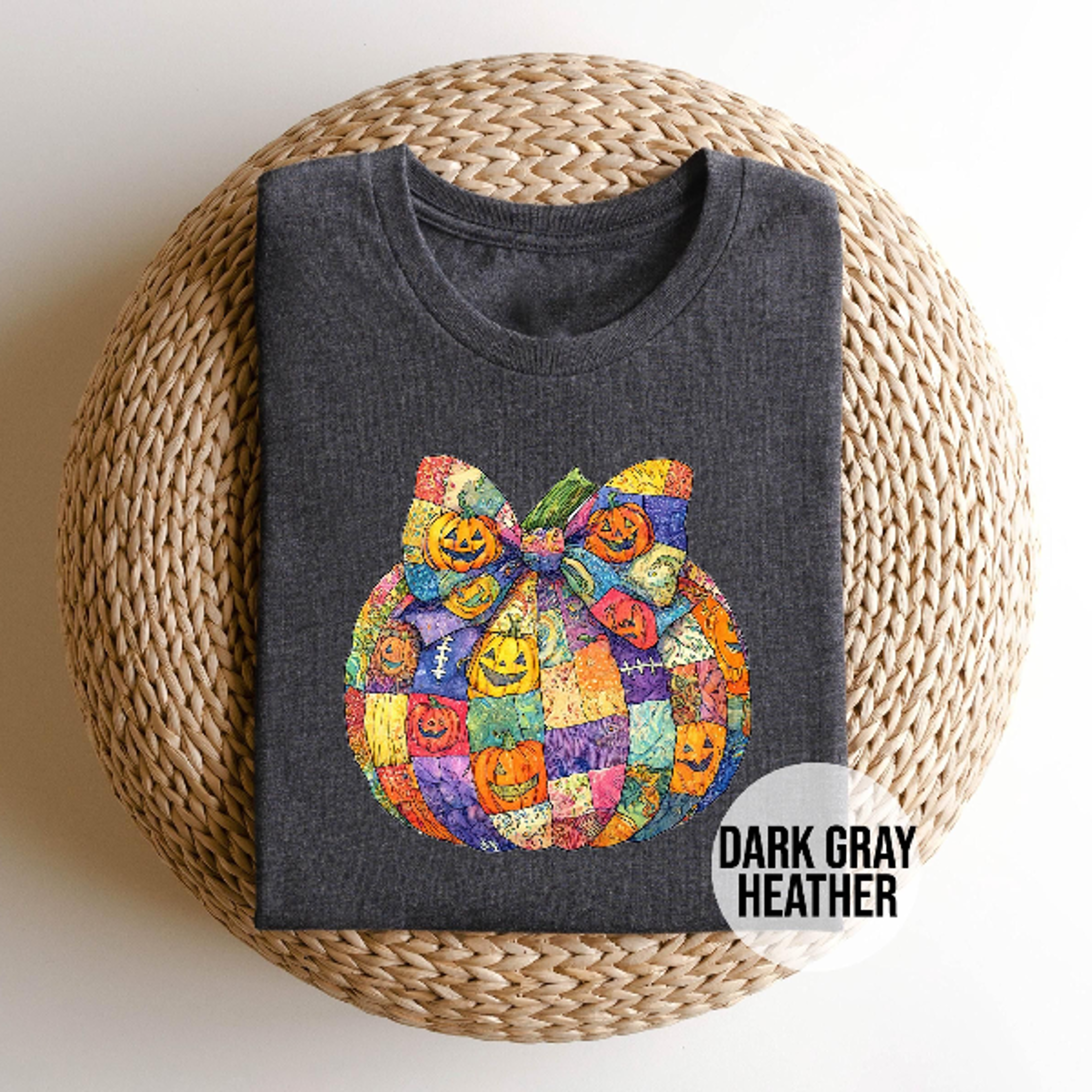 patchwork pumpkin t-shirt, quilted autumn vibes tee, rustic fall harvest graphic shirt