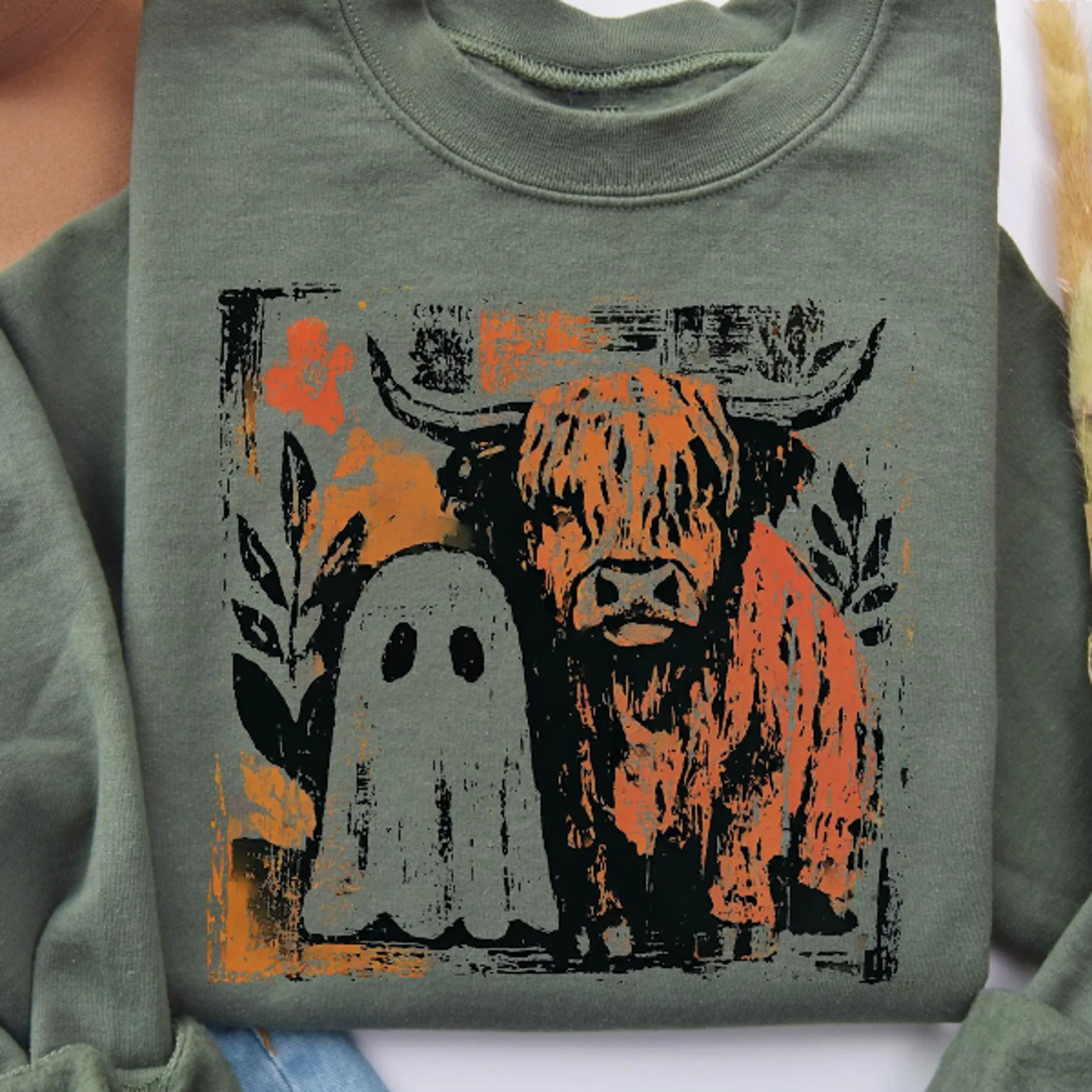 retro highland cow ghost sweatshirt, spooky season pullover, cute halloween cow crewneck