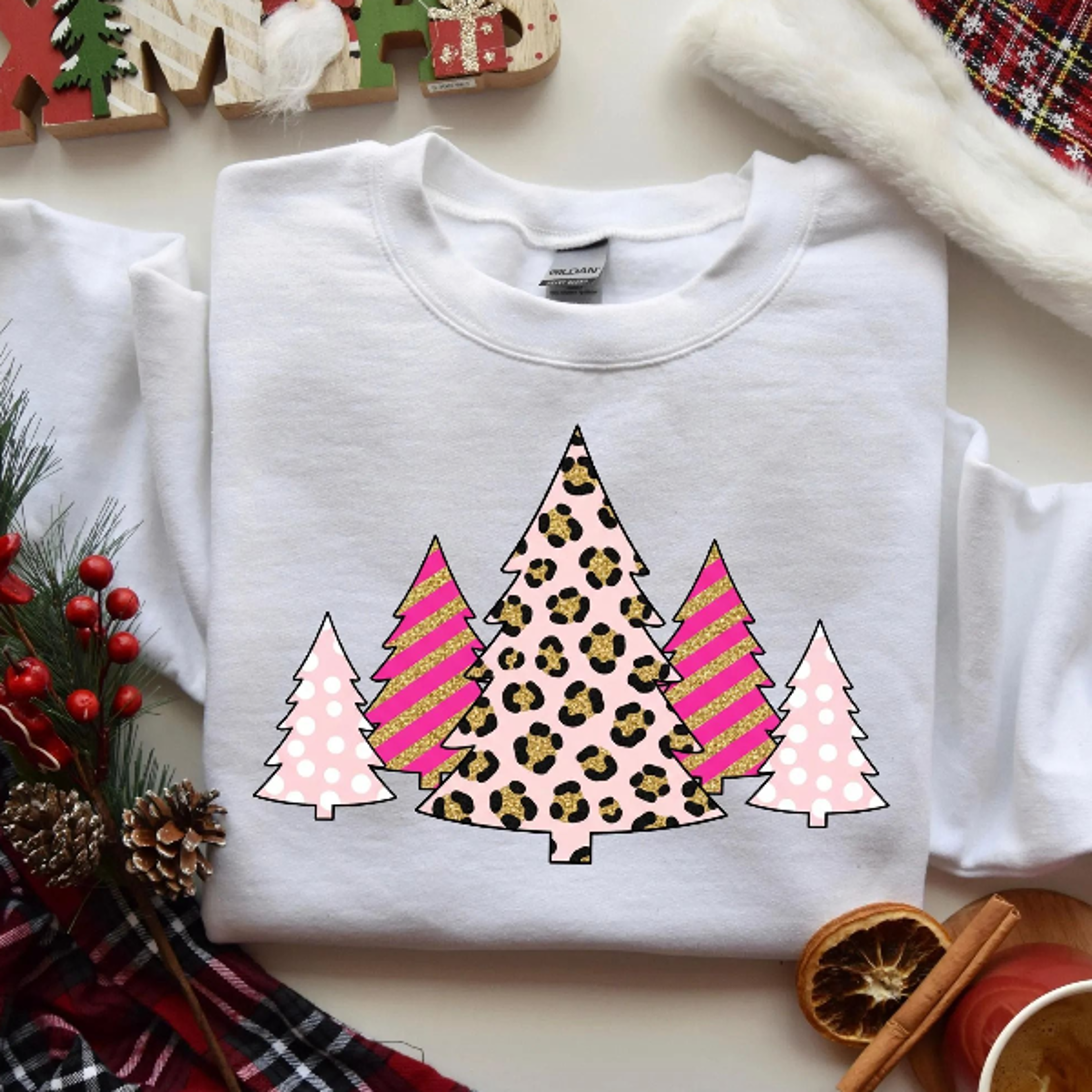 pink leopard christmas sweatshirt, christmas tree shirt, trendy holiday sweater, cute winter apparel, leopard print chri
