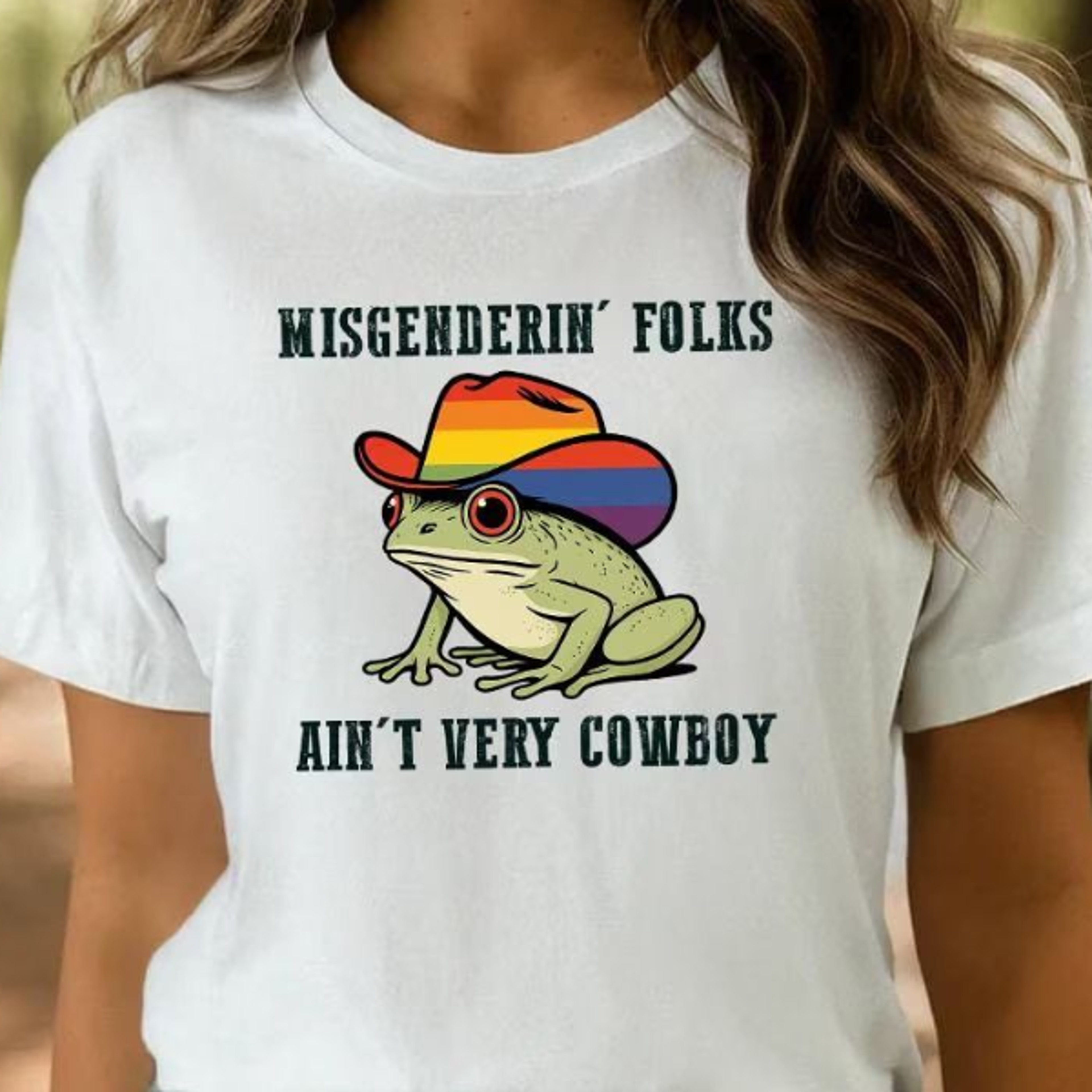 pride t-shirt – "misgenderin' folks ain't very cowboy" frog with rainbow cowboy hat graphic tee – unisex short sleeve to