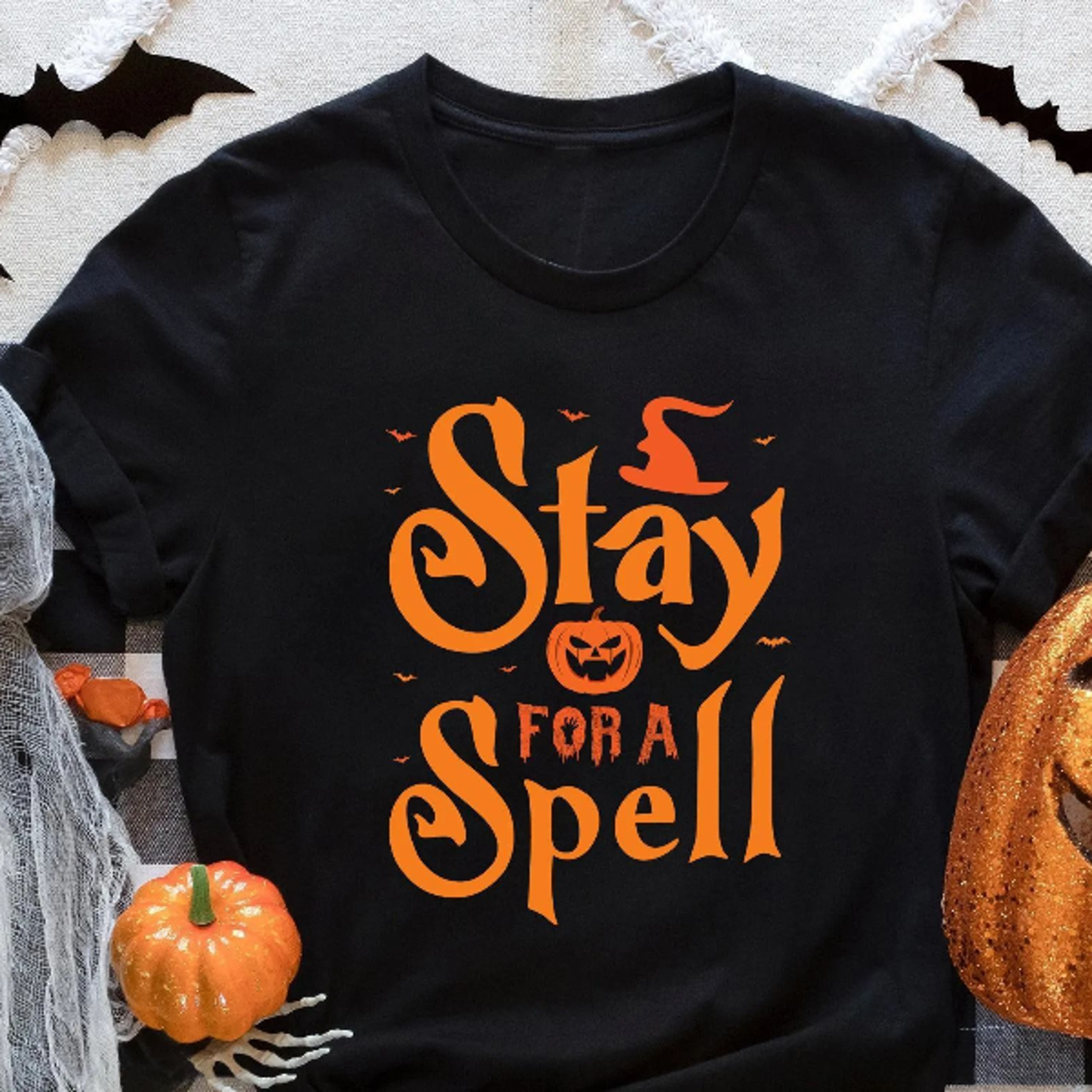 stay for a spell, halloween shirt, witchcraft shirt, spooky pumpkin shirt, halloween sweatshirt, perfect pumpkin color h