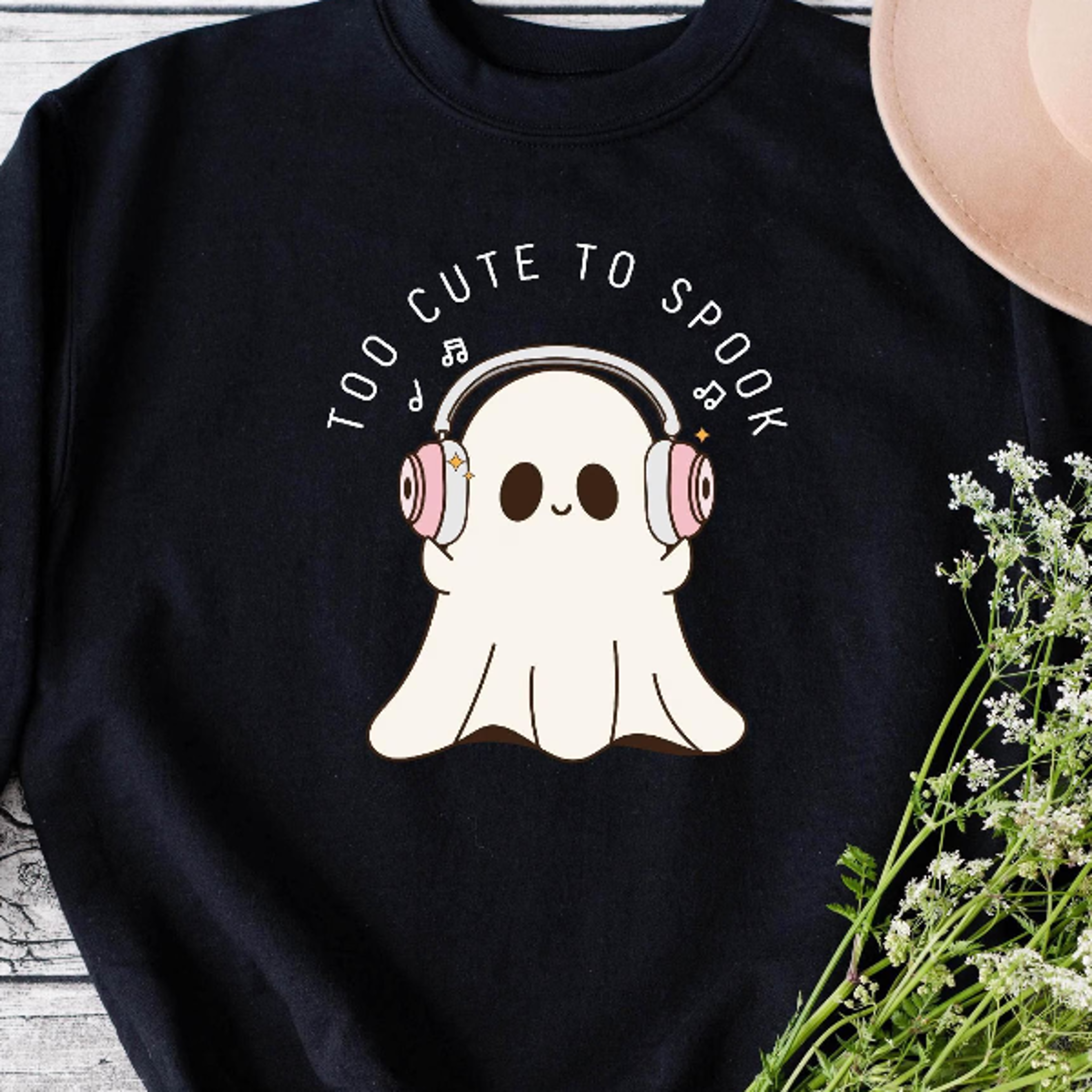 too cute to spook sweatshirt, cute ghost music lover halloween crewneck