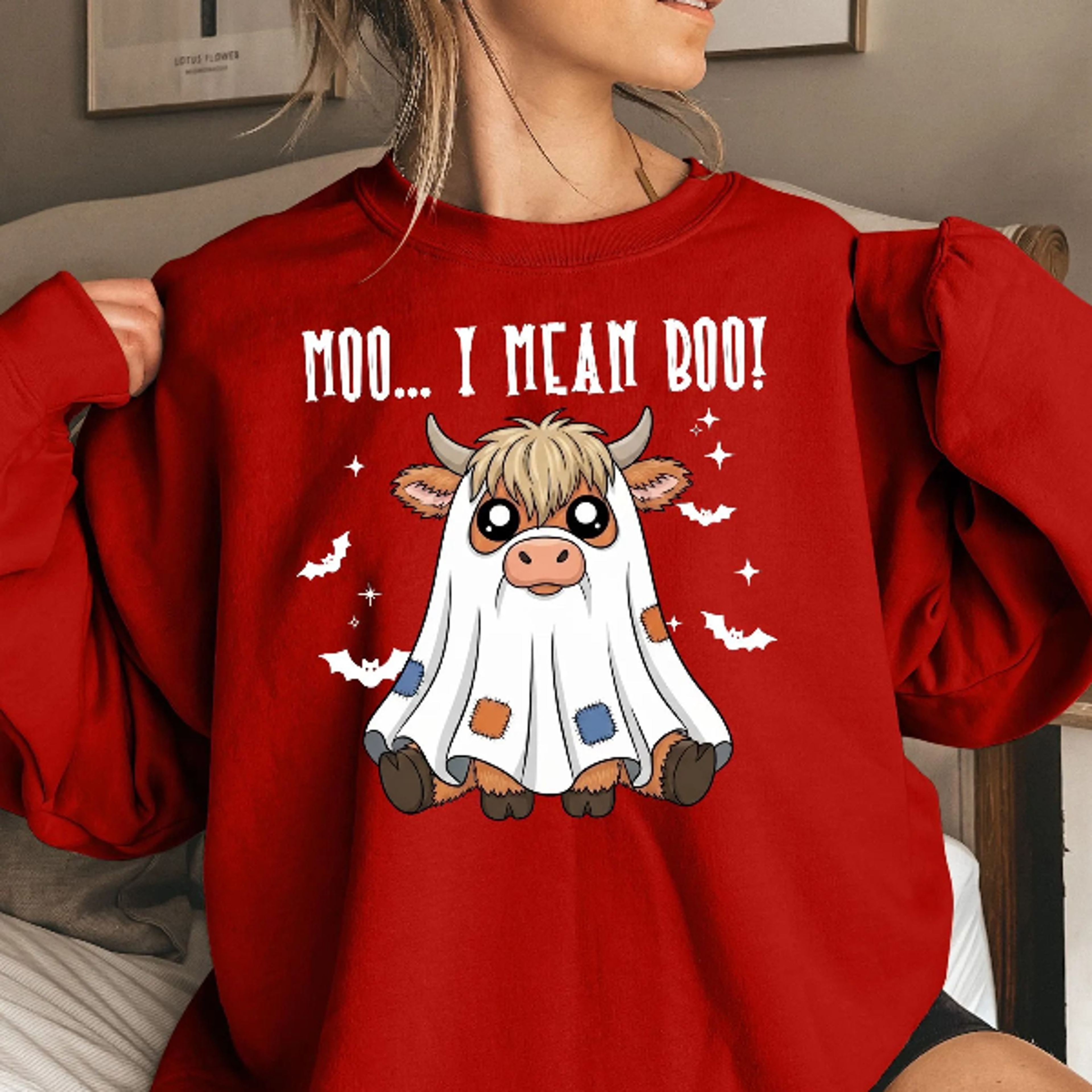 adorable cute moo i mean boo halloween cow ghost sweatshirt for women - funny highland cow dressed as spooky ghost with