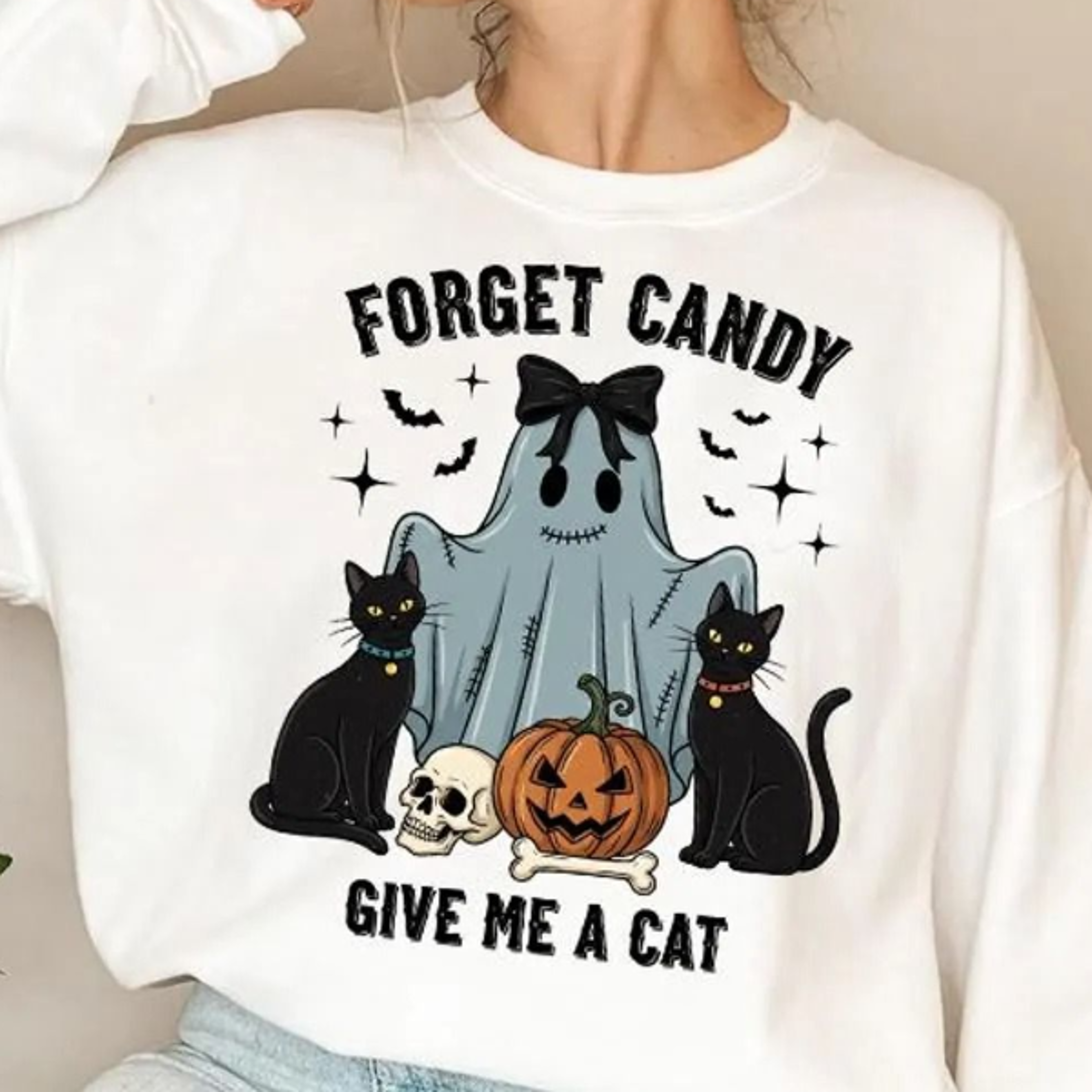 forget candy give me a cat halloween sweatshirt for women - cute ghost with black cats pumpkin and skull graphic tshirt,