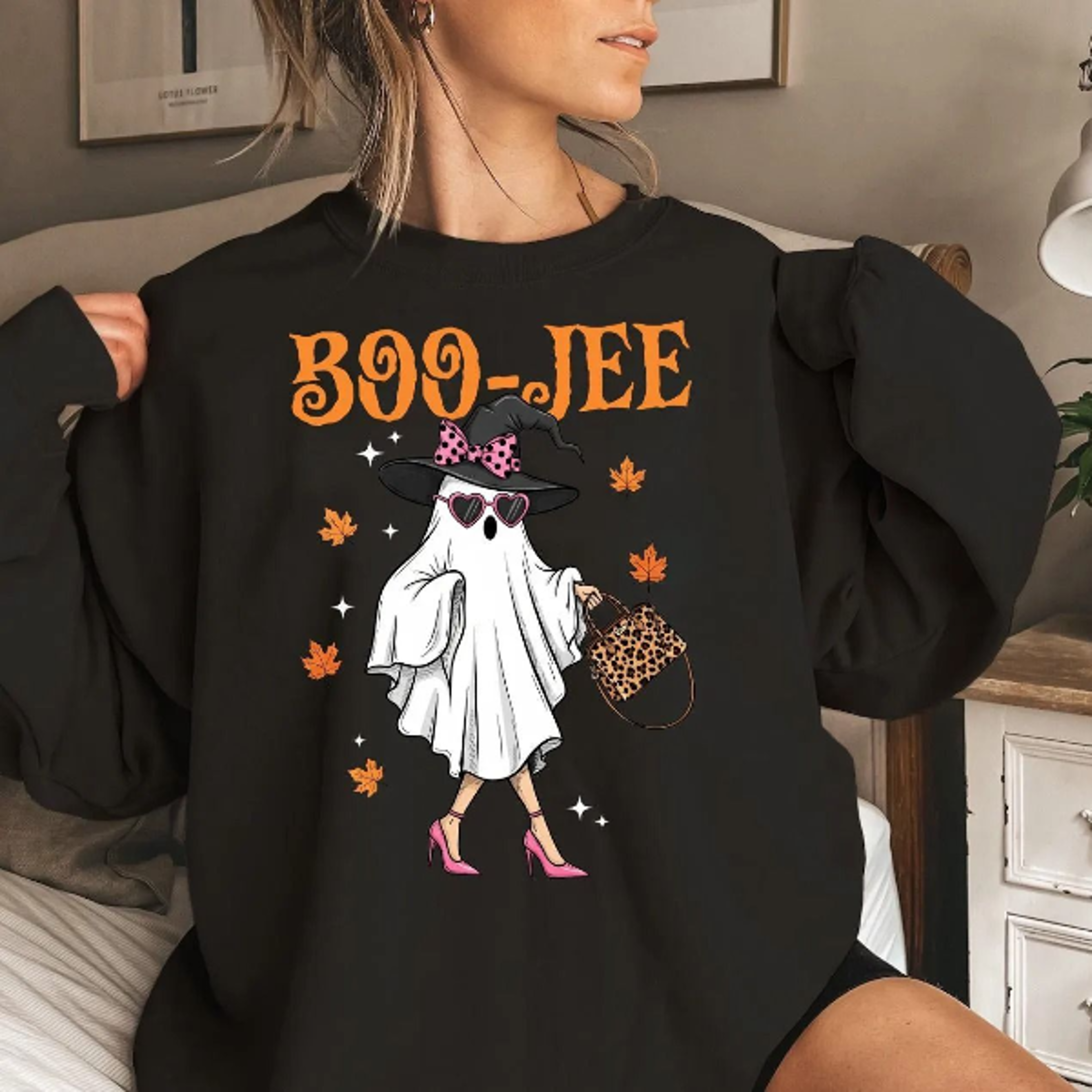 boo-jee halloween sweatshirt | trendy ghost t-shirt | fashionable halloween apparel | witch hat and heels tee | spooky s