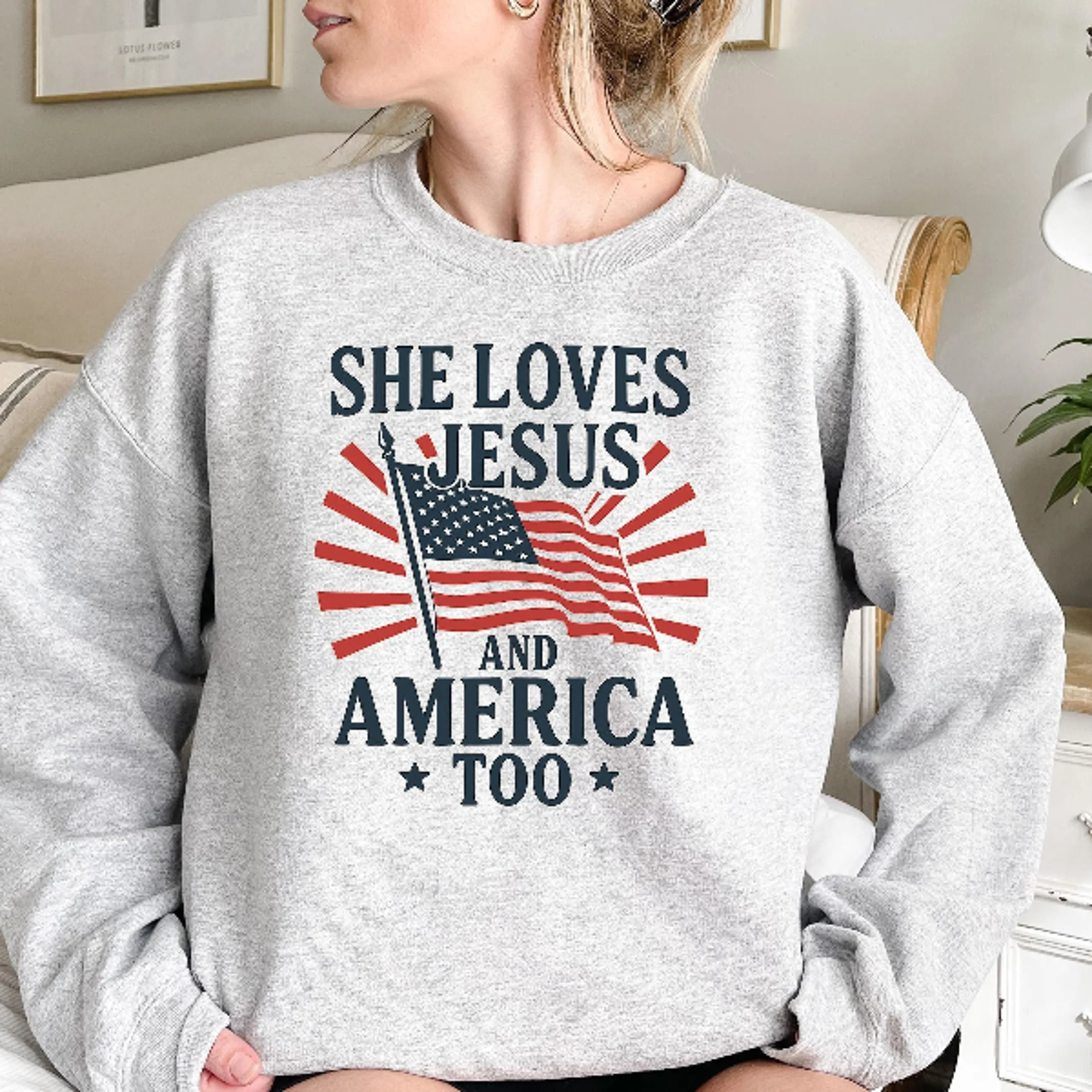 christian patriotic t-shirt for women – she loves jesus and america too tee – usa flag religious 4th of july shirt – fai