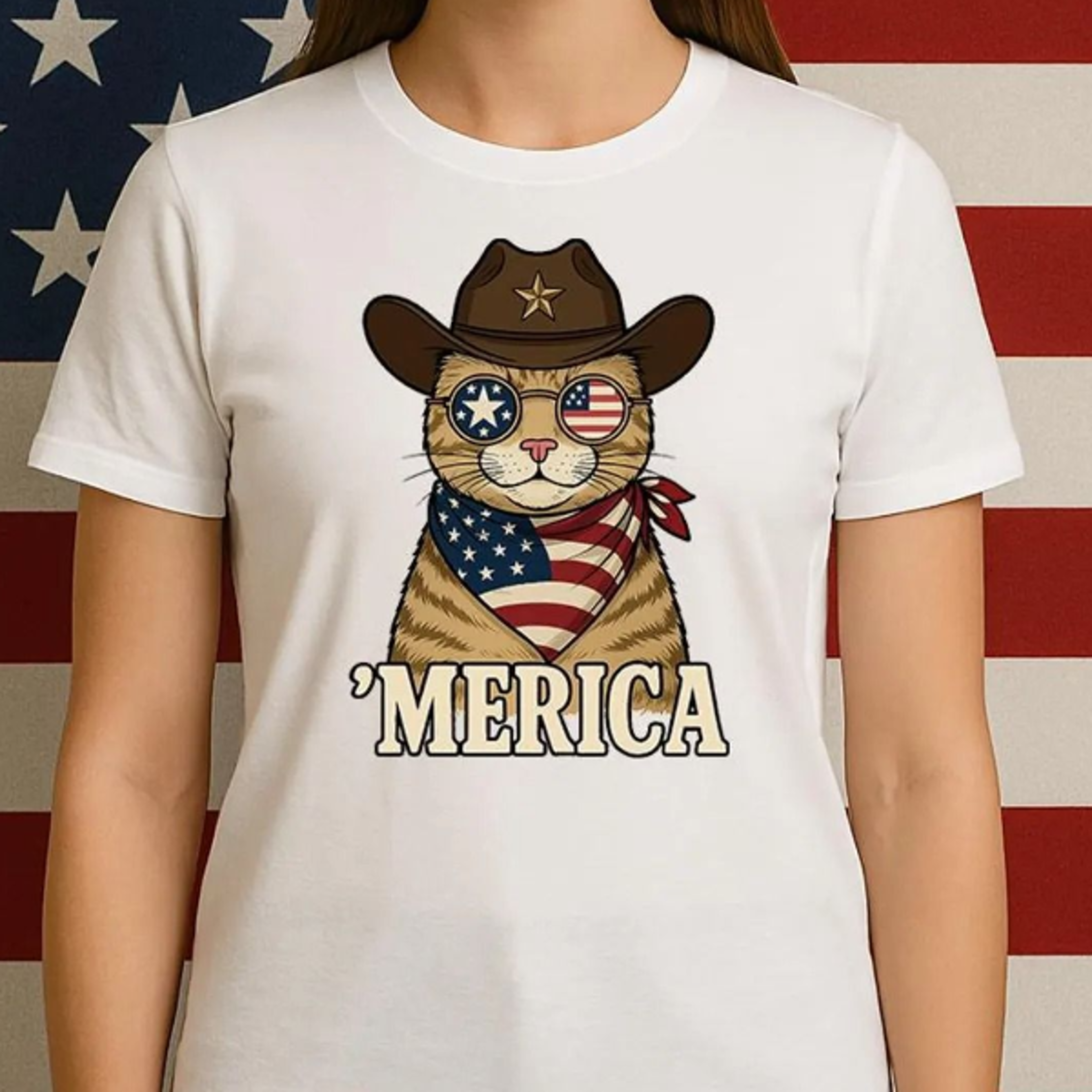 merica patriotic cat shirt – funny cowboy kitty usa 4th of july tee – american flag glasses bandana graphic for cat love