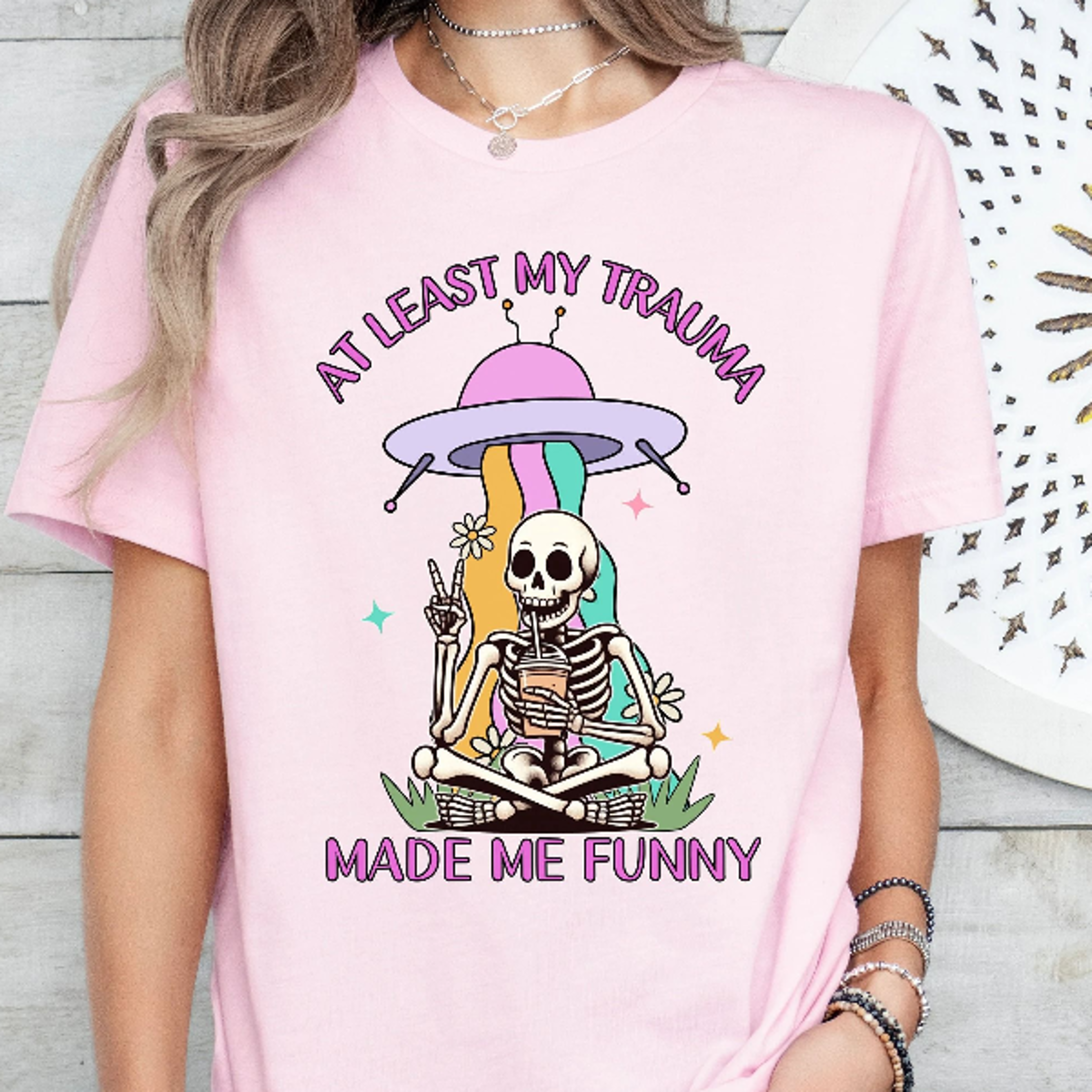 at least my trauma made me funny shirt, funny shirt, funny mental health shirt, funny anxiety shirt, funny skeleton meme