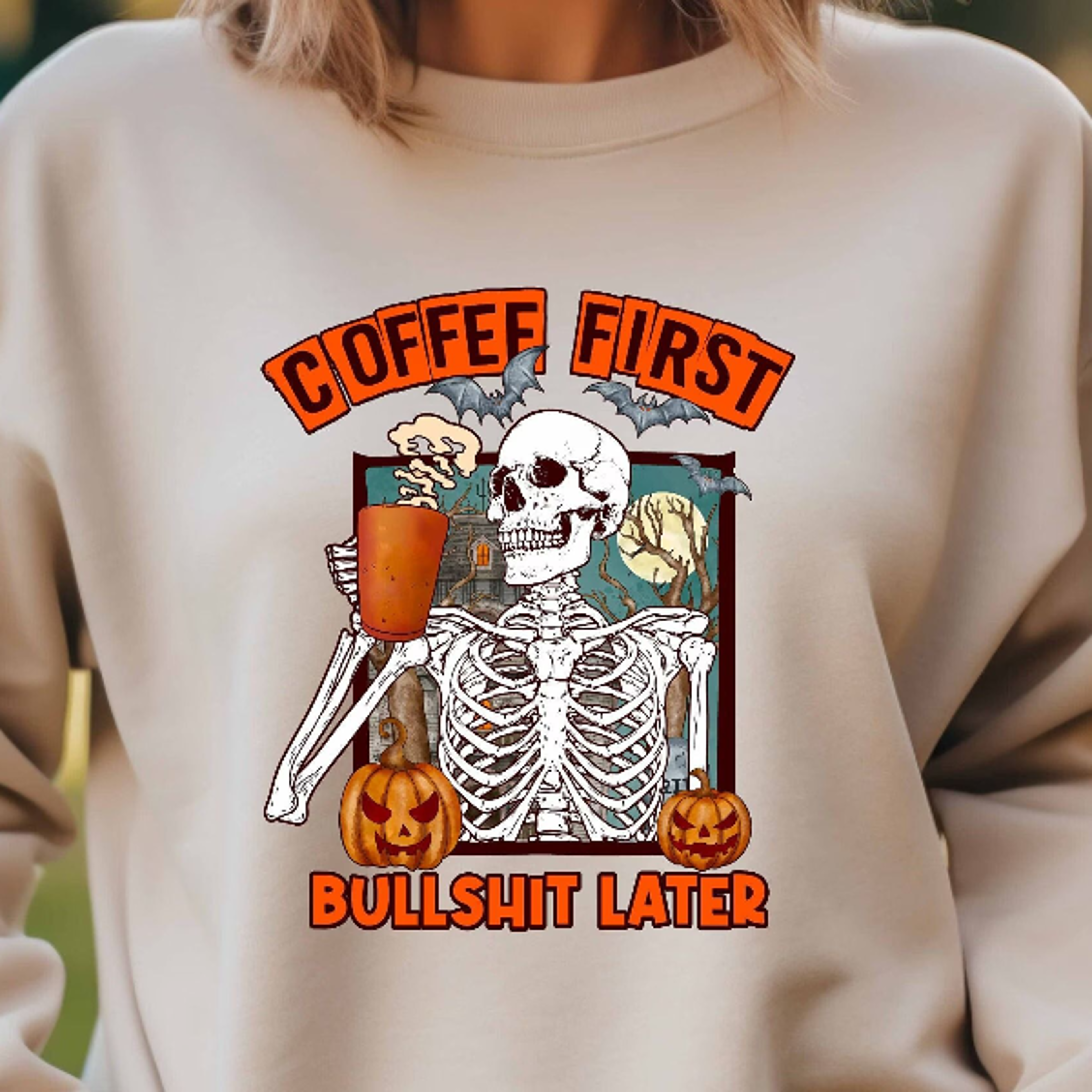 coffee first skeleton halloween sweatshirt, funny spooky coffee lover crewneck