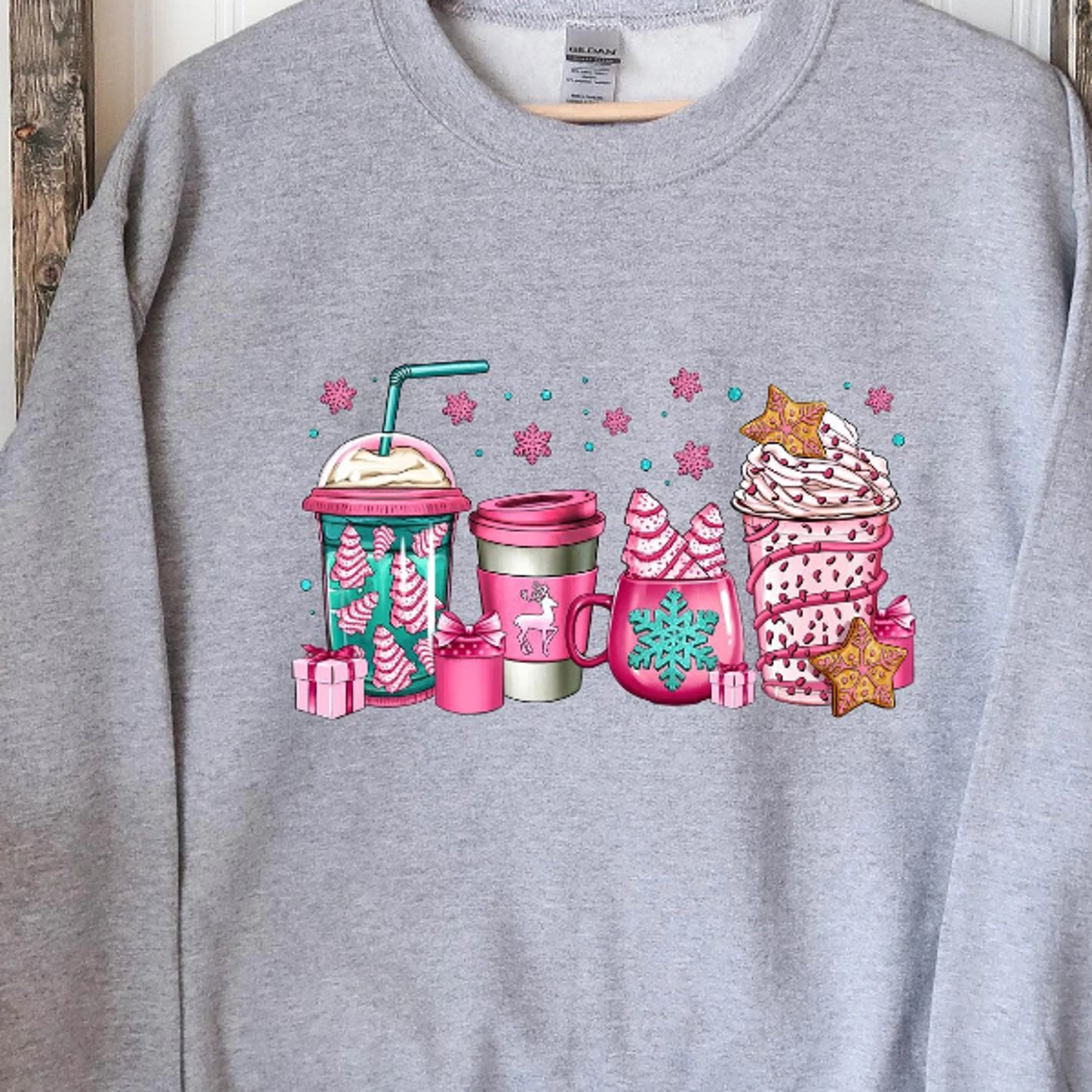 pink christmas coffee cups sweatshirt, festive winter holiday coffee crewneck