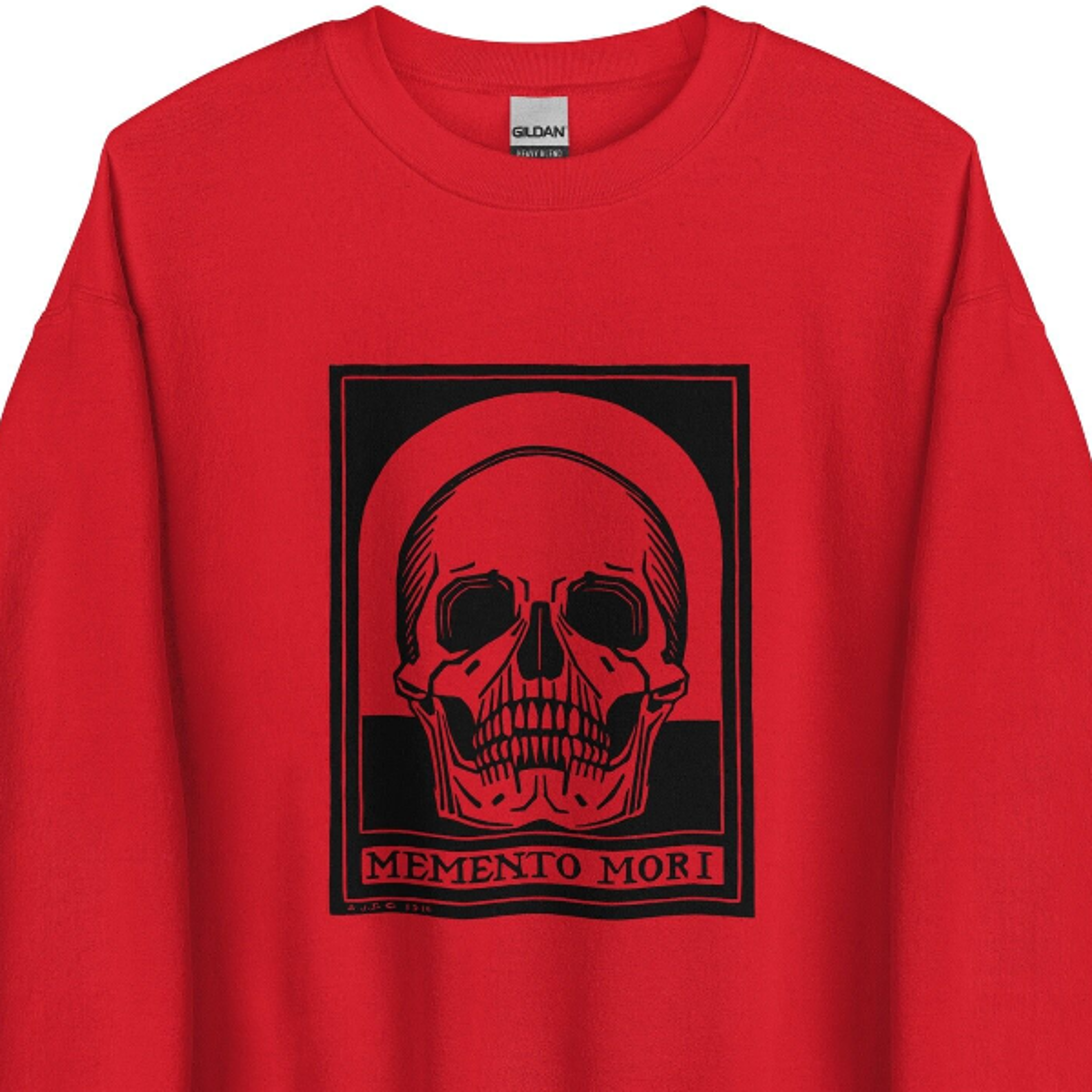 a red unisex sweatshirt with a vintage black skull design printed (memento mori) on the front - cool urban streetwear fo