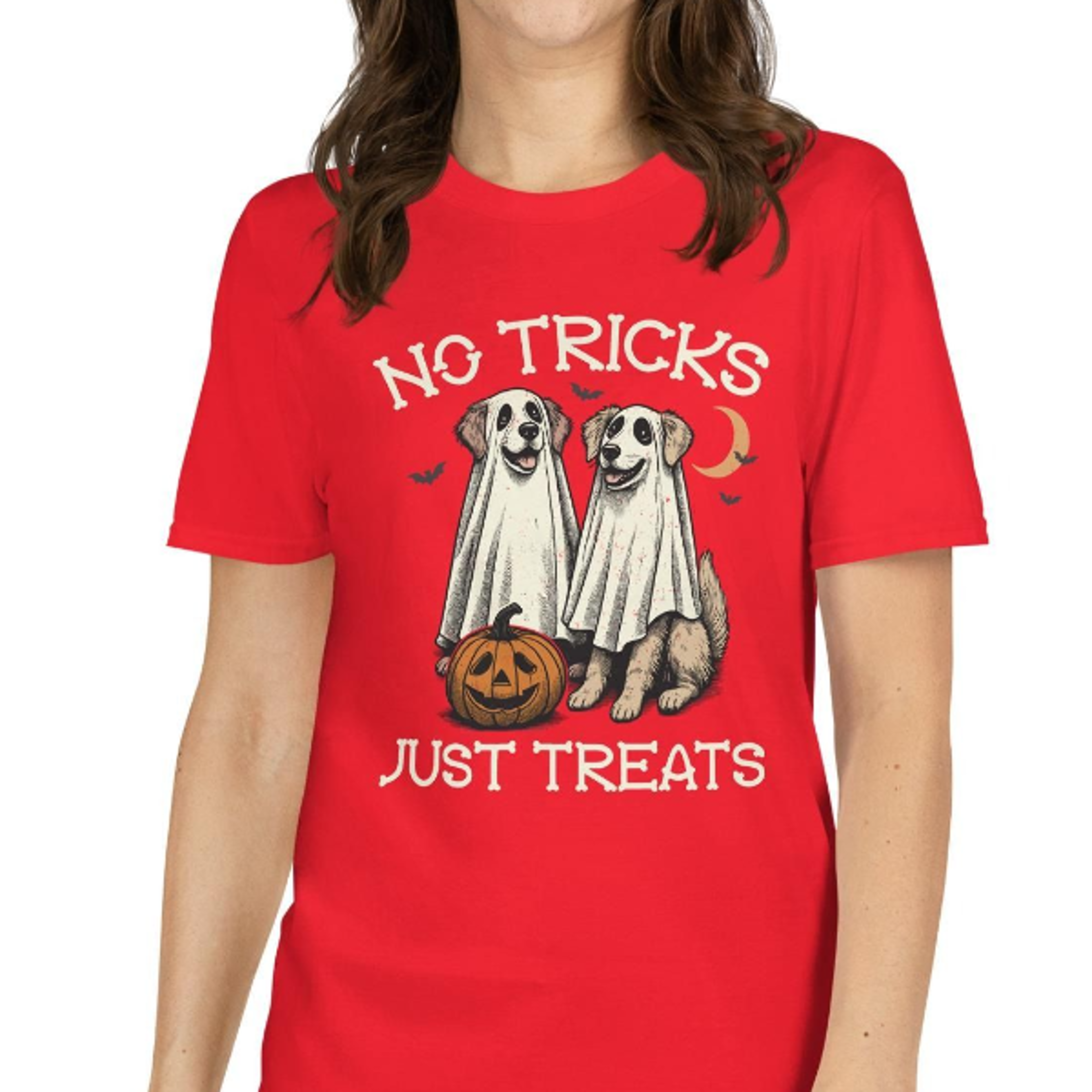 funny halloween dog t-shirt | no tricks just treats | golden retriever meme humor shirt | cute ghost costume dogs tee |
