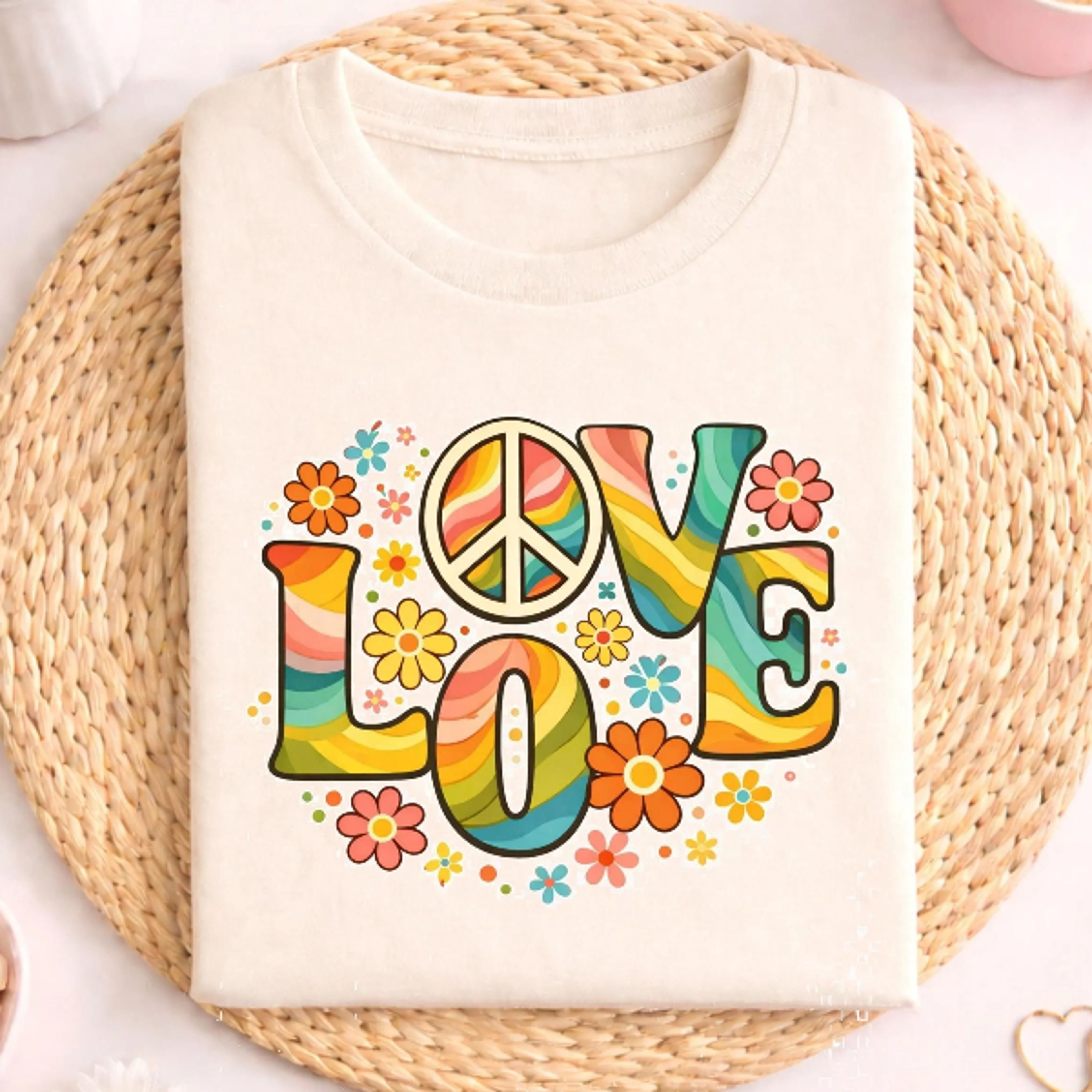 love retro hippie shirt mit peace zeichen, buntes 70er jahre blumen motiv t shirt