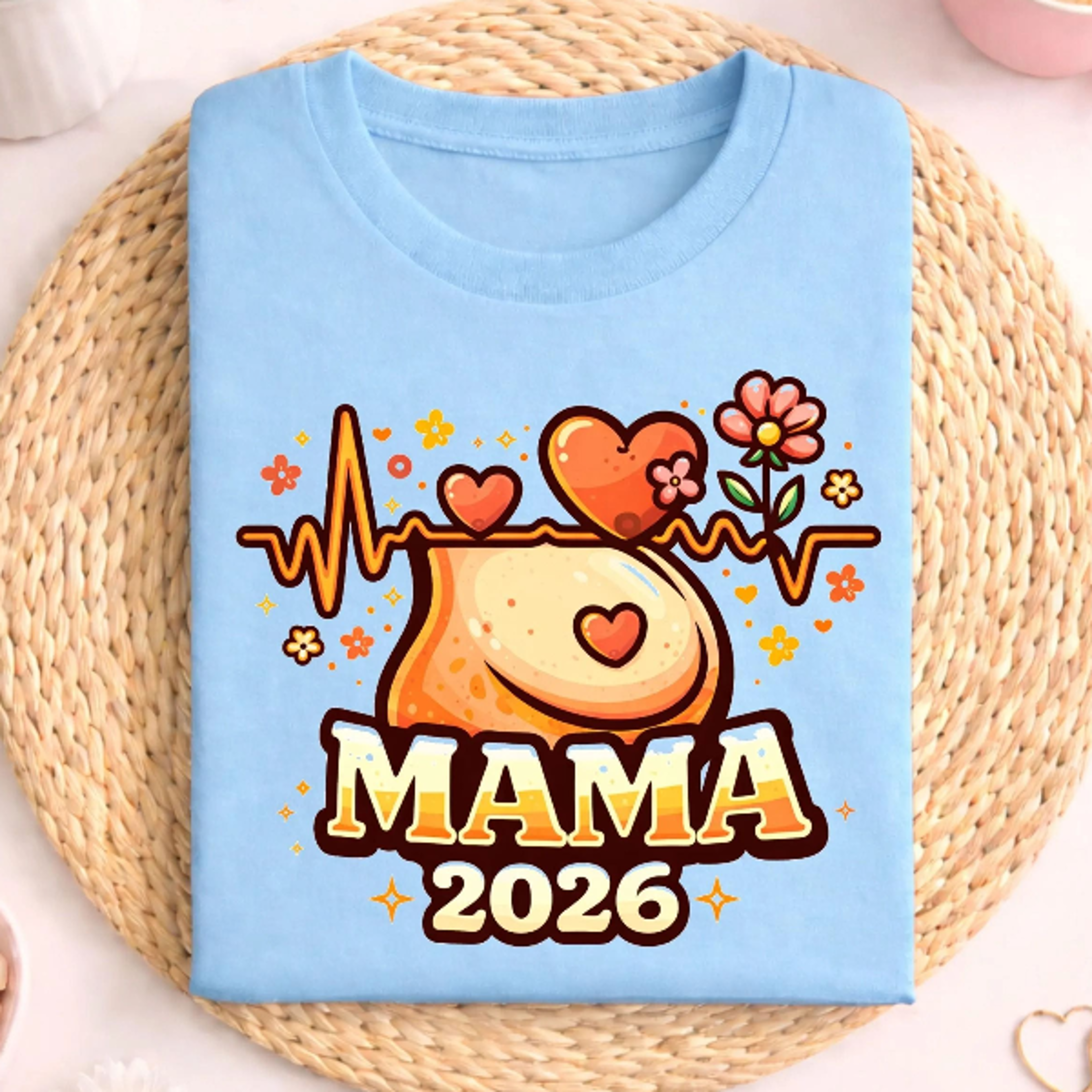 mama 2026 shirt mit herzschlag grafik, schwangerschaft ankundigung tee, babybauch illustration mit blume motiv, werdende