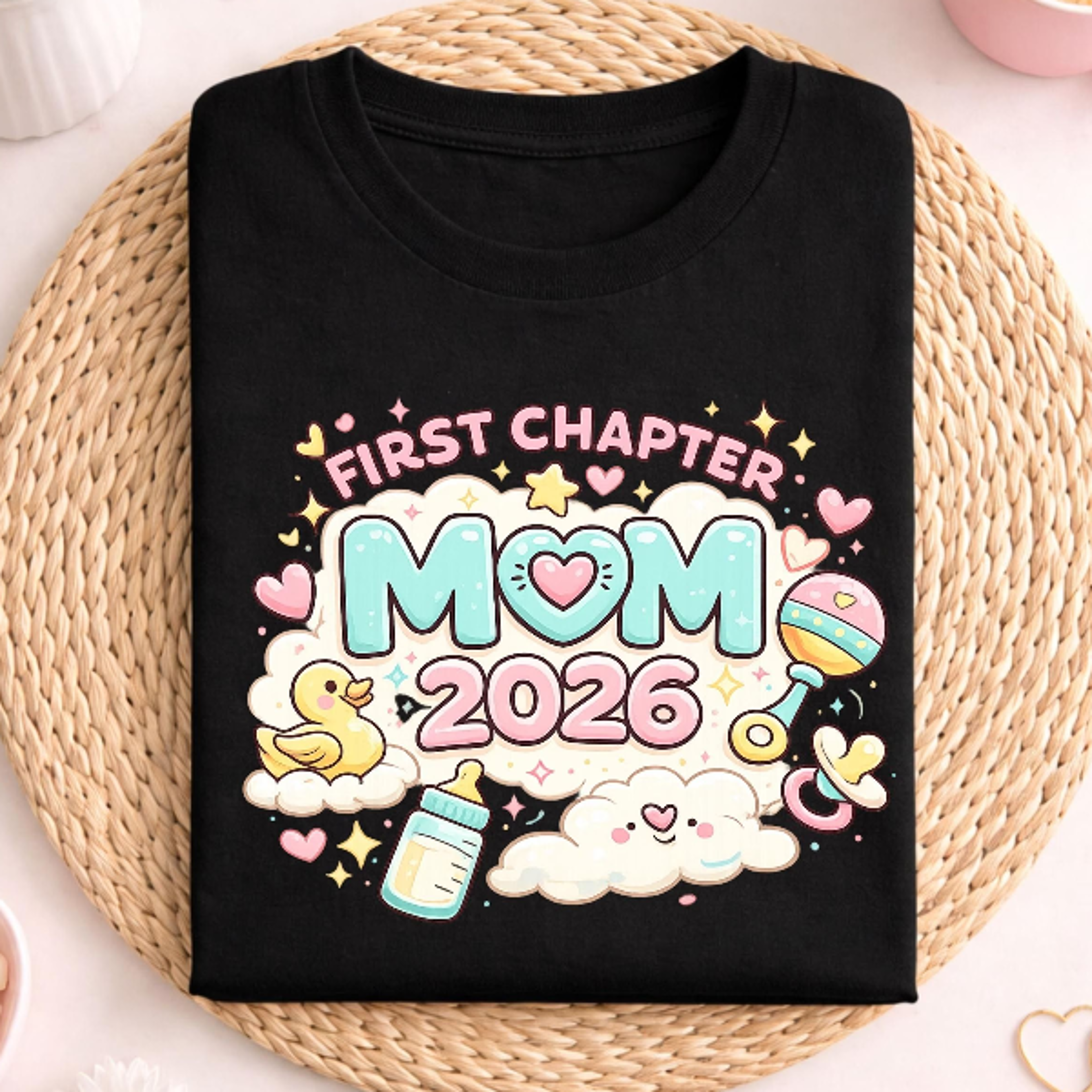 first chapter mom 2026 shirt, baby 2026 ankundigung tee, werdende mama grafik mit schnuller und ente, schwangerschaft ge