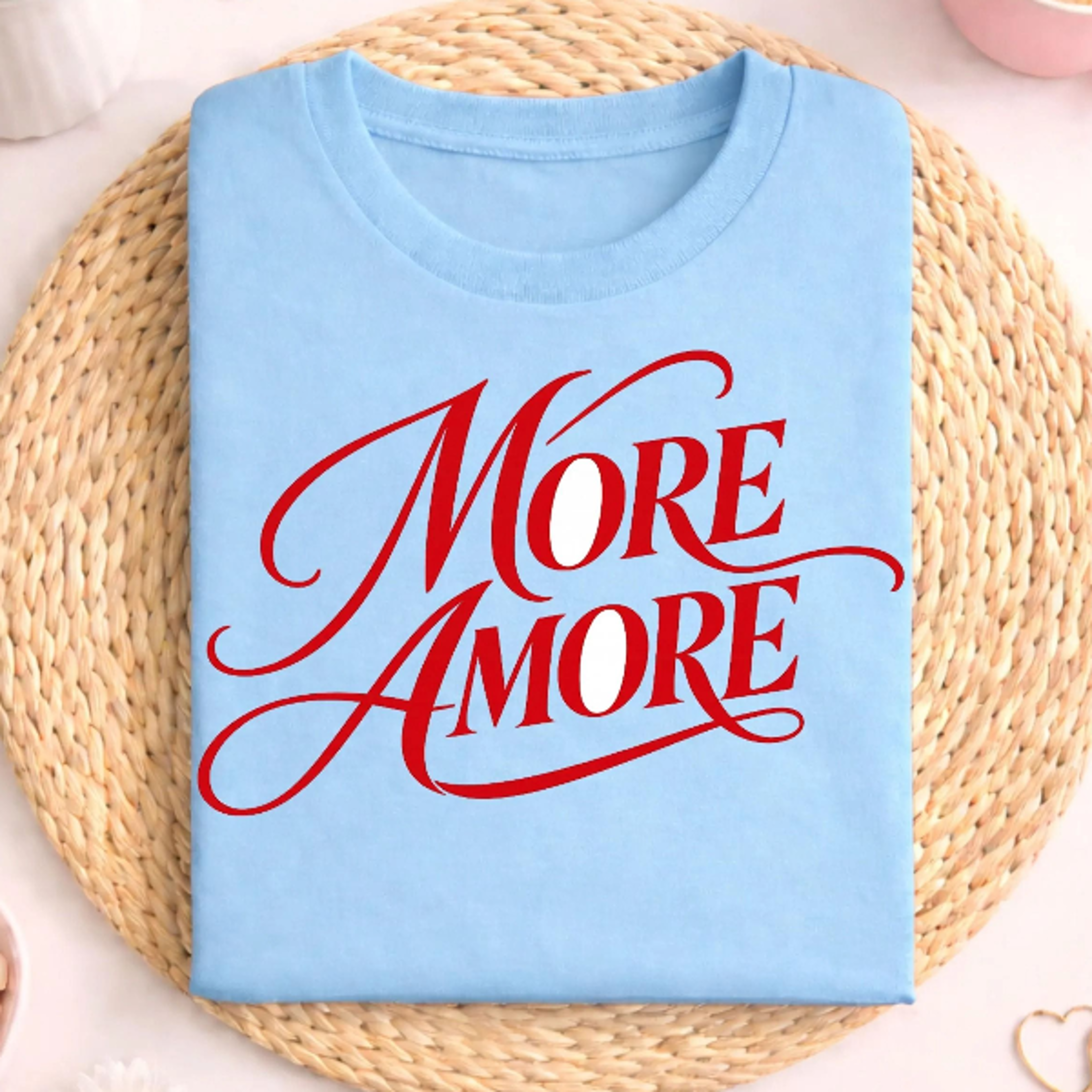 more amore shirt rot schriftzug t shirt, romantisches typografie motiv, liebe statement oberteil