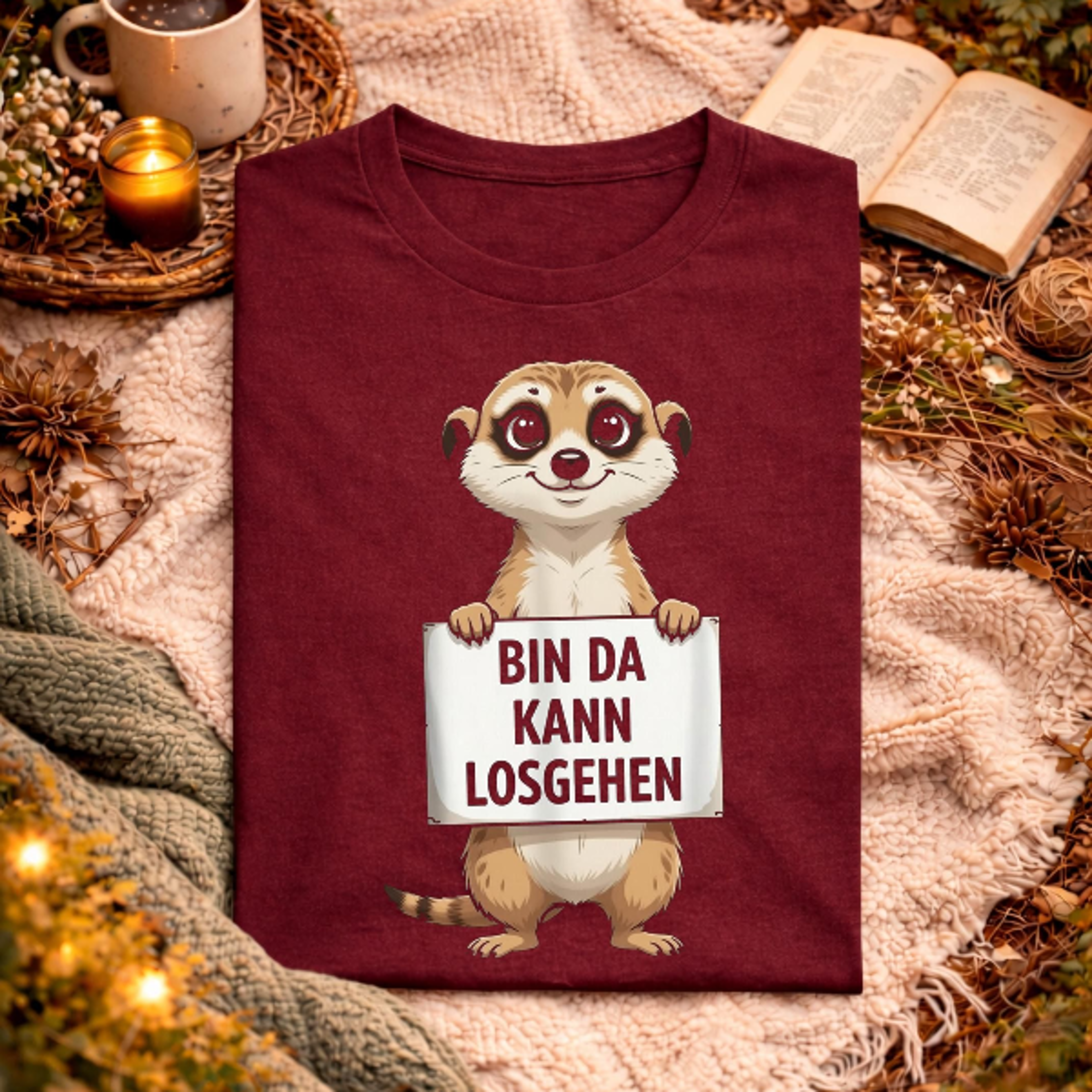 erdmannchen bin da kann losgehen spruch lustig, humorvolles tier motiv, witziges erdmannchen design outfit, lockerer all