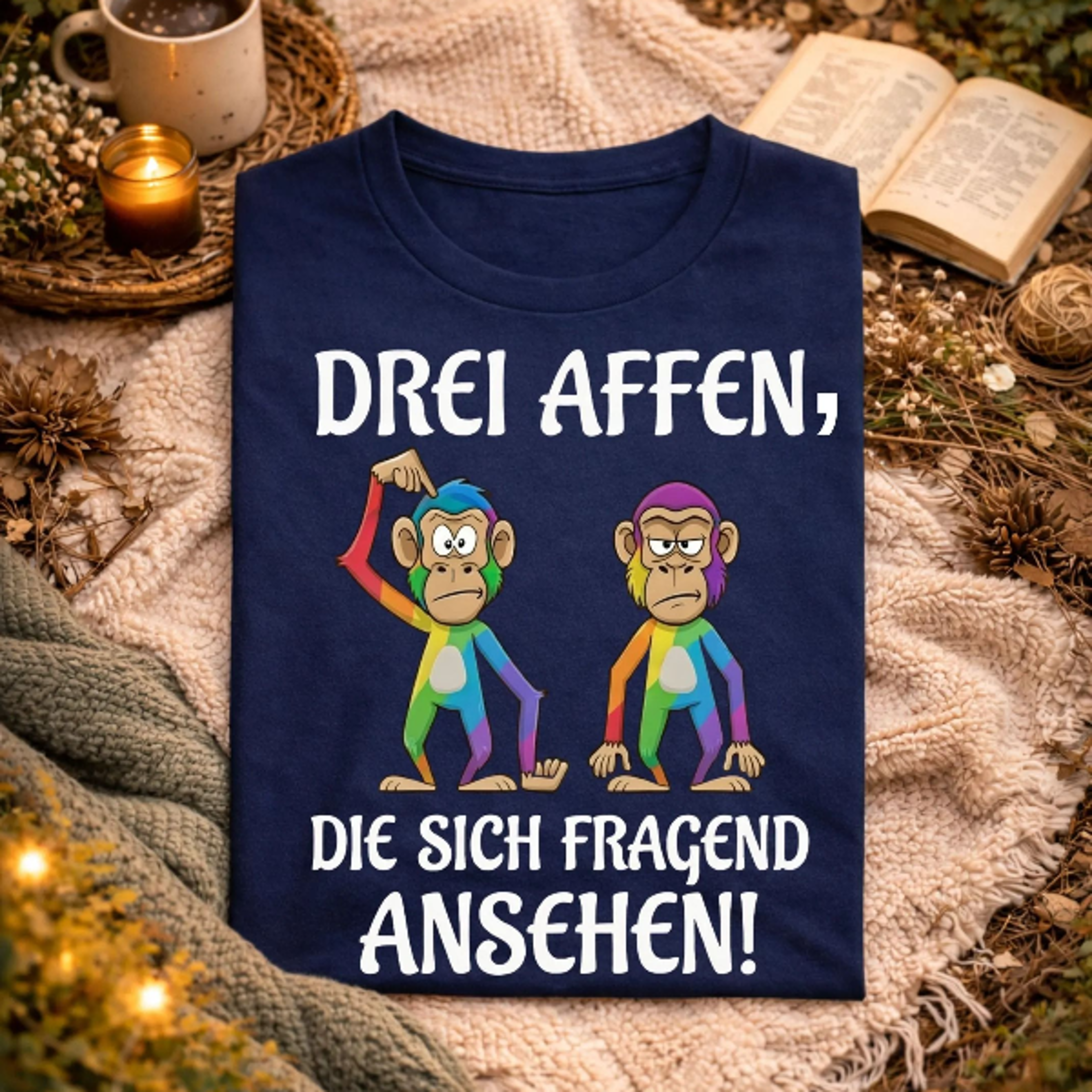 witzige drei affen, lustiges affen motiv, fragende affen , humor tier, ironischer blick humor, alltag spa shirt, tieris