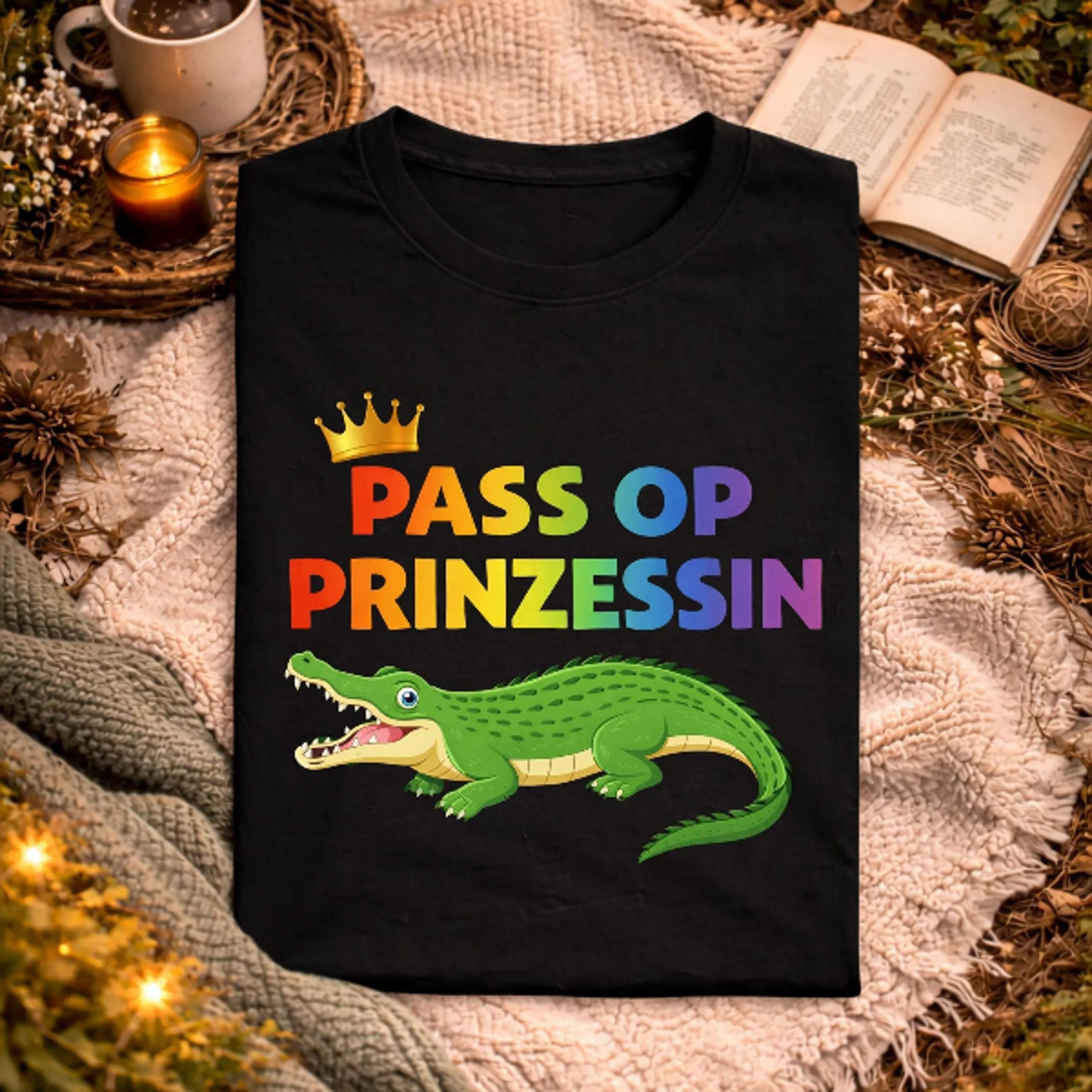 pass op, pass op t-shirt – krokodil nahert sich der prinzessin, karneval koln fun shirt fur rosenmontag alaaf, lustiger