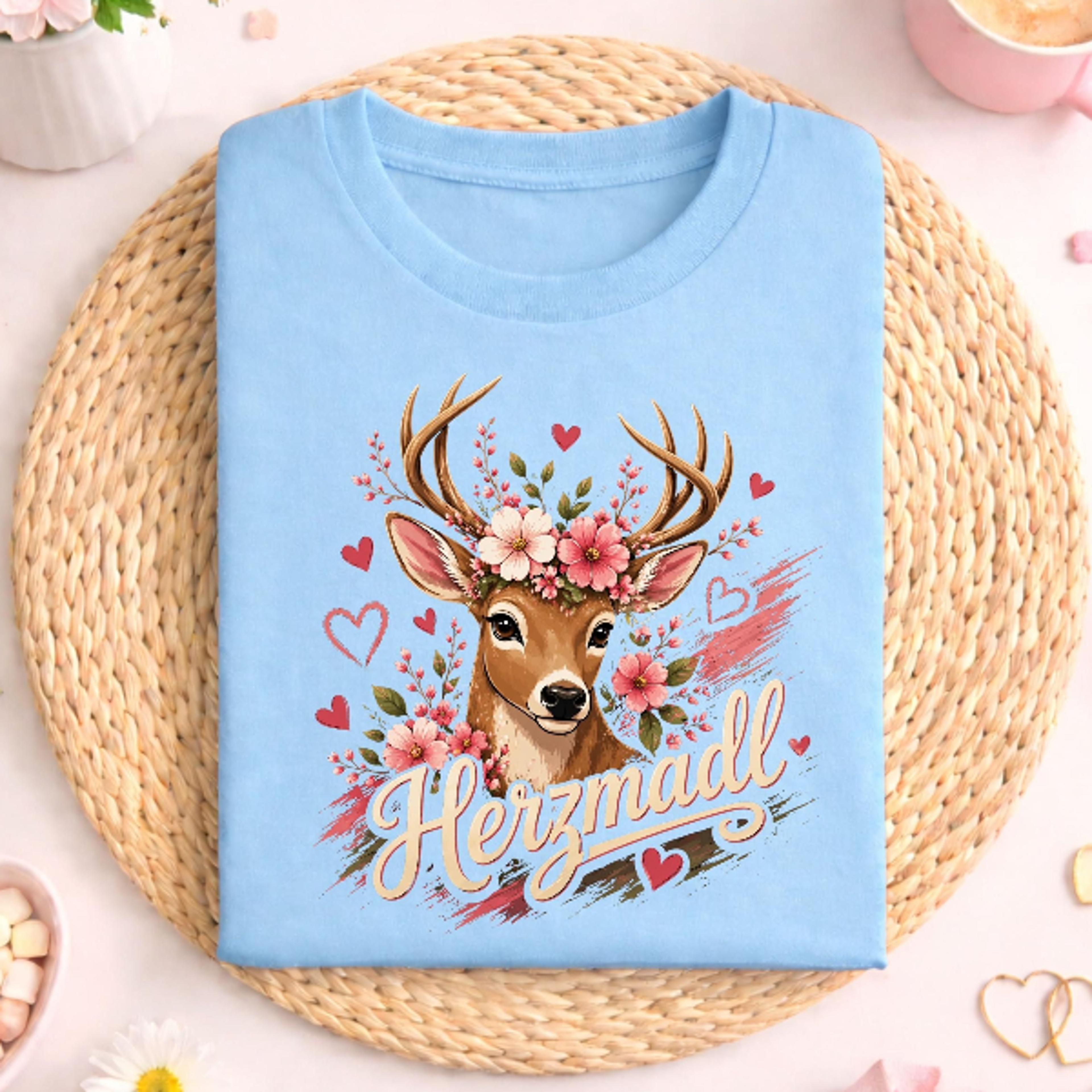herzmadl hirsch shirt, bayerisches hirsch motiv, blumen geweih design tee, alpen liebe grafik, oktoberfest geschenk idee