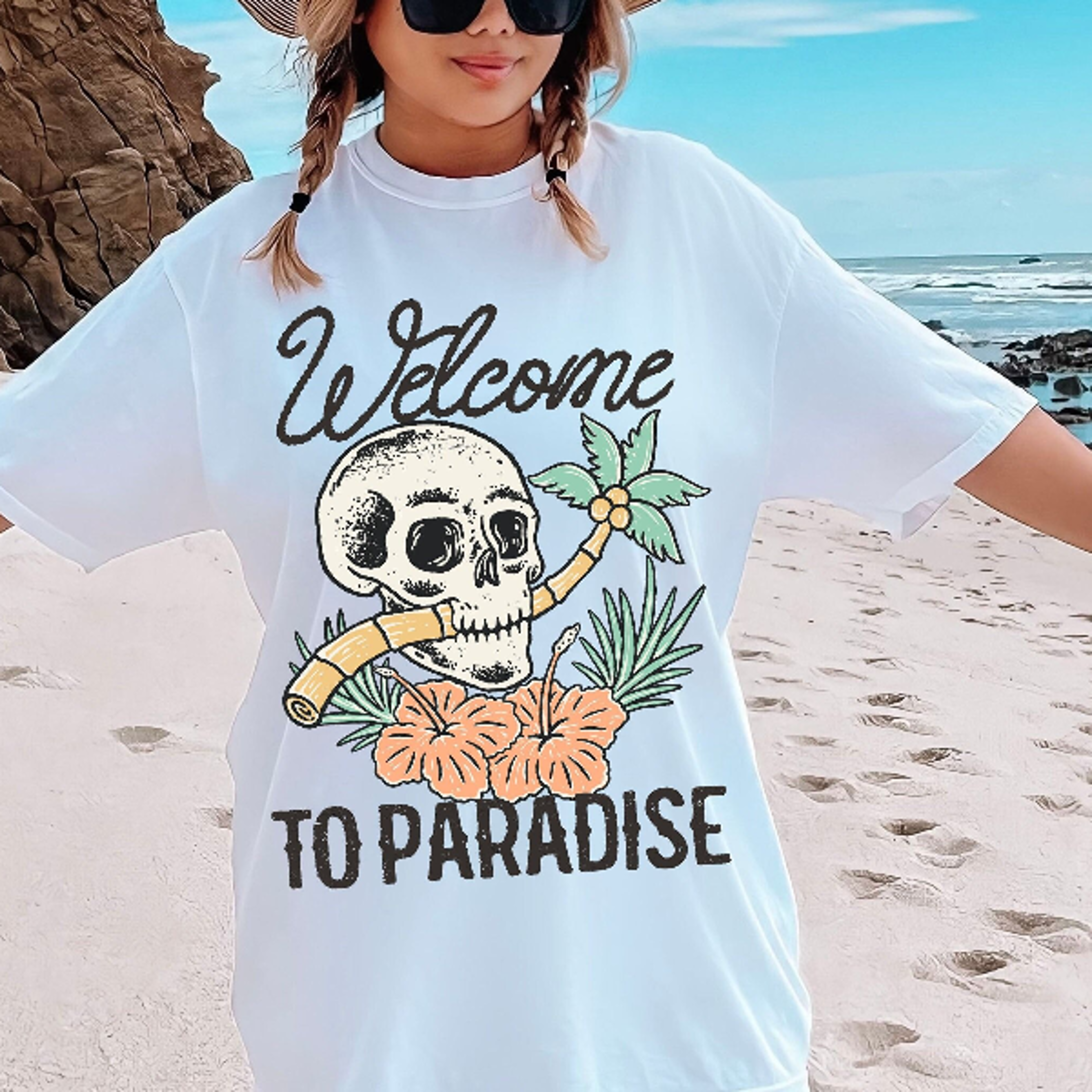 welcome to paradise tee, beach tee, skeleton beach t- shirt, vintage inspired cotton t-shirt